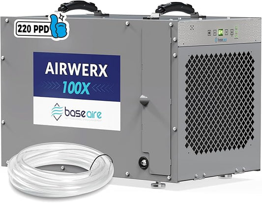 BaseAire 220 Pints Crawlspace Dehumidifiers with Pump and Drain Hose, Commercial Dehumidifier for Home,Garage and Basement, Large Capacity, Compact, Auto Defrost, Intelligent Control, Up to 2900 Sq Ft