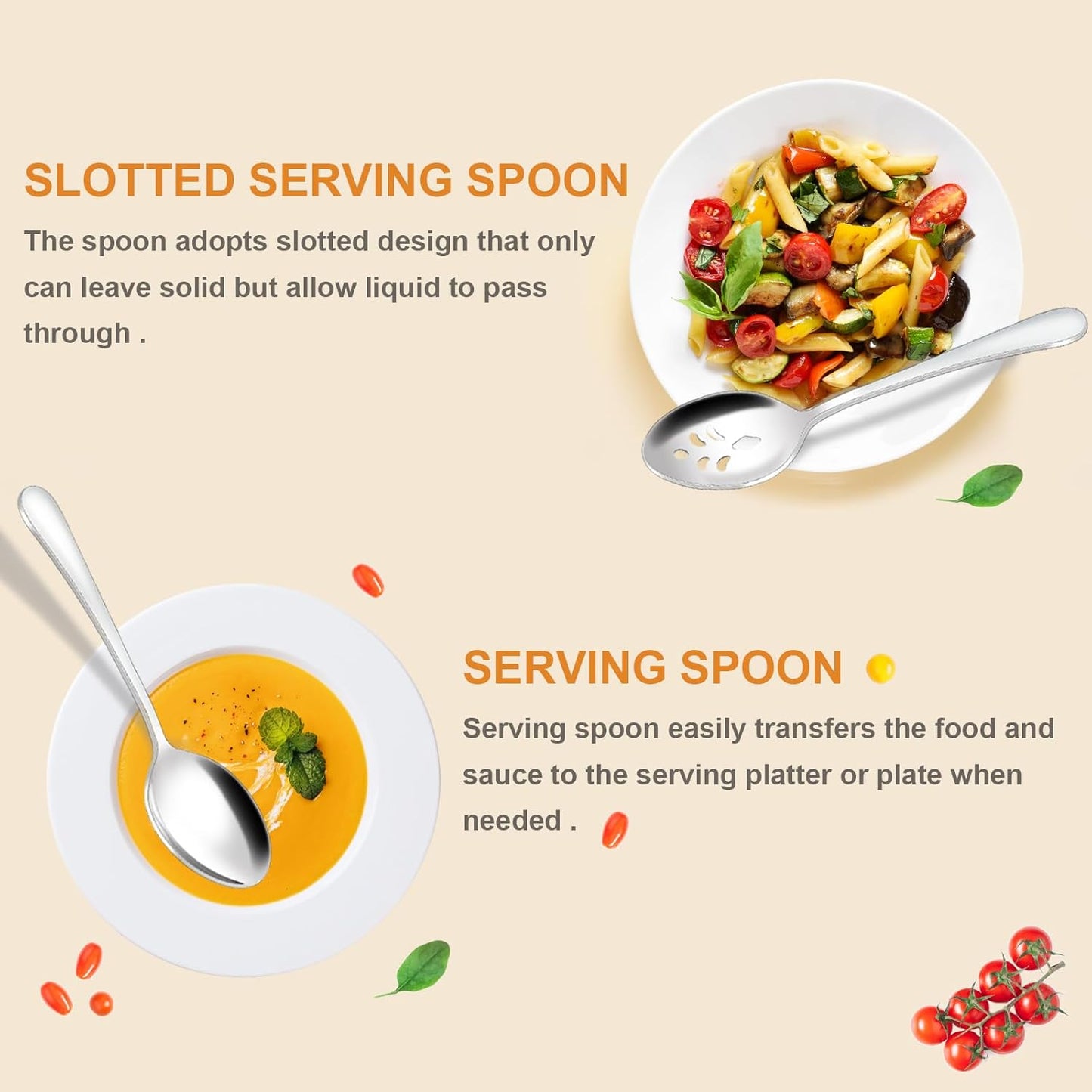 BEWOS 12-Piece Serving Set, 6 Slotted and 6 Regular Spoons, 9.1-Inch Stainless Steel, Dishwasher Safe, Large Serving Spoons For Buffet