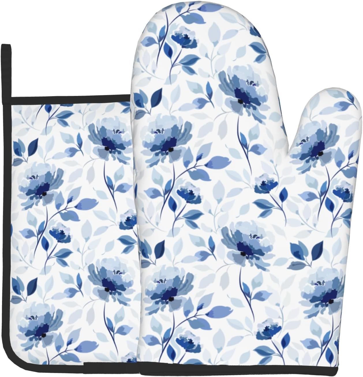Blue Floral Oven Mitts Pot Holders Set of 2 Watercolor Leaves Heat Resistant Kitchen Mittens Potholders for Chef Baking Cooking Grilling