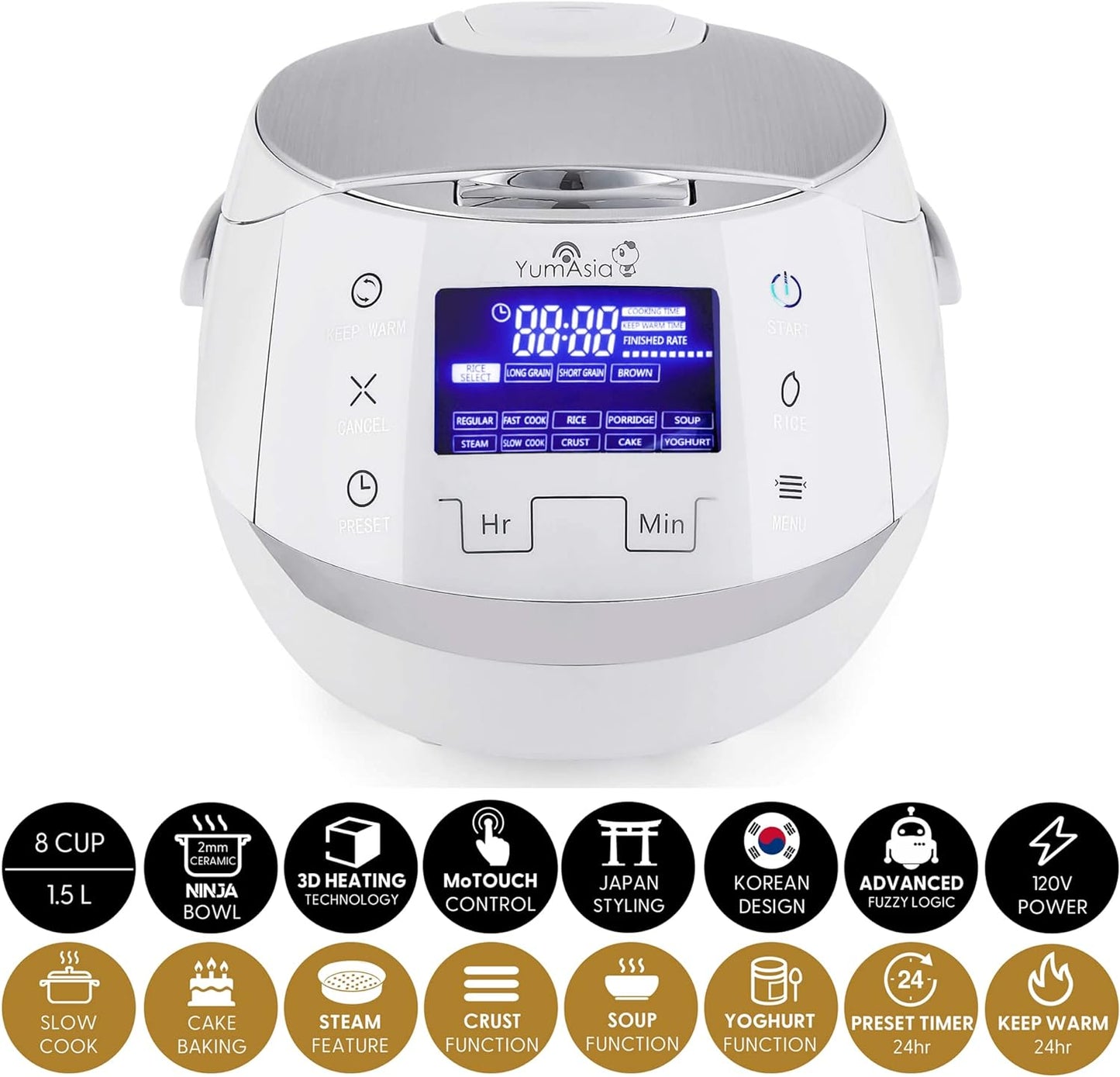 Yum Asia Sakura Rice Cooker with Ceramic Bowl and Advanced Fuzzy Logic (8 Cup, 1.5 Litre) 6 Rice Cook Functions, 6 Multicook Functions, Motouch LED Display, 120V Power (White and Siver)