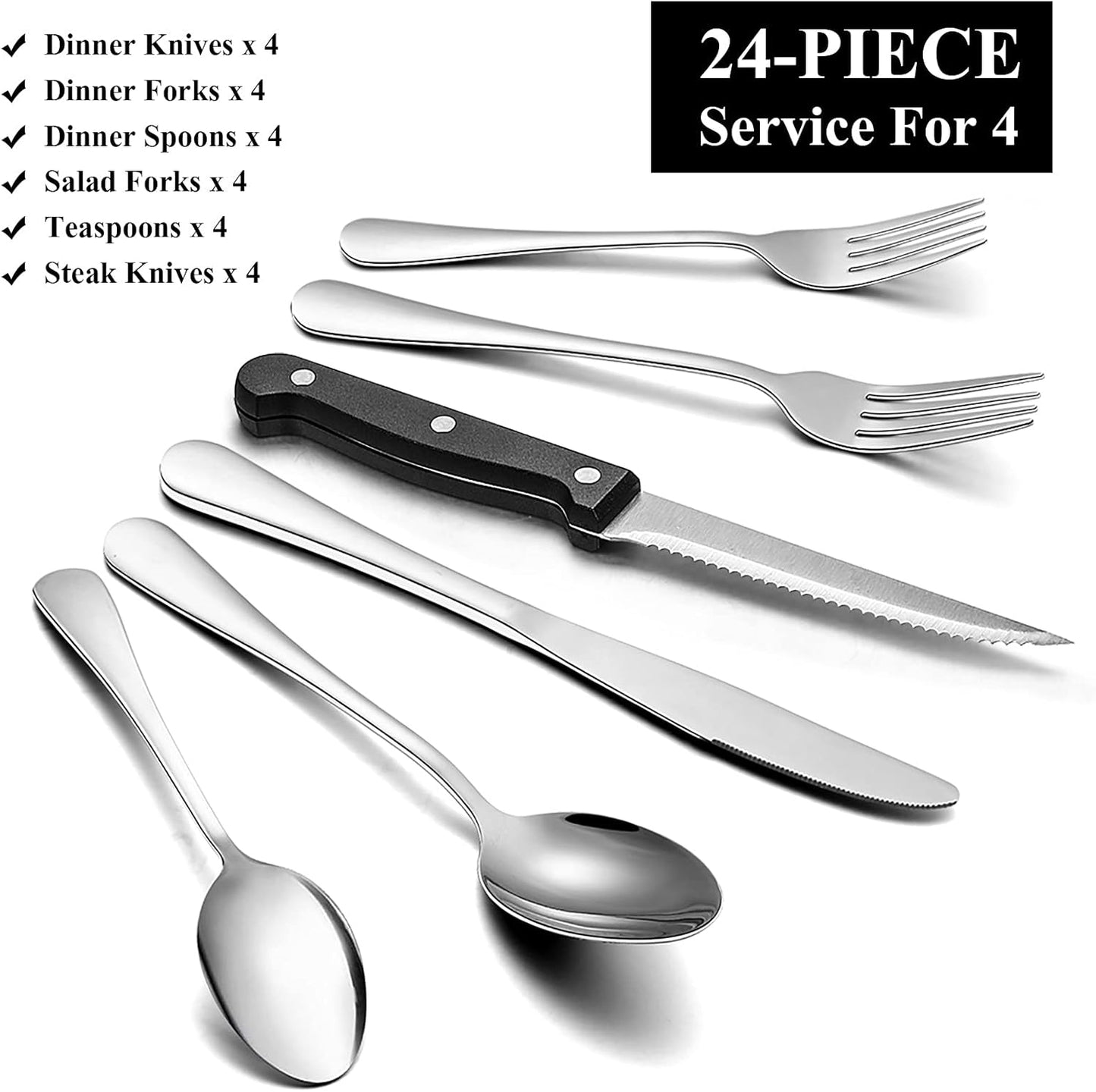 Wildone 24-Piece Flatware Set with Steak Knives, Stainless Steel Silverware Cutlery Set Service for 4, Tableware Eating Utensils Include Knives/Forks/Spoons, Mirror Polished, Dishwasher Safe