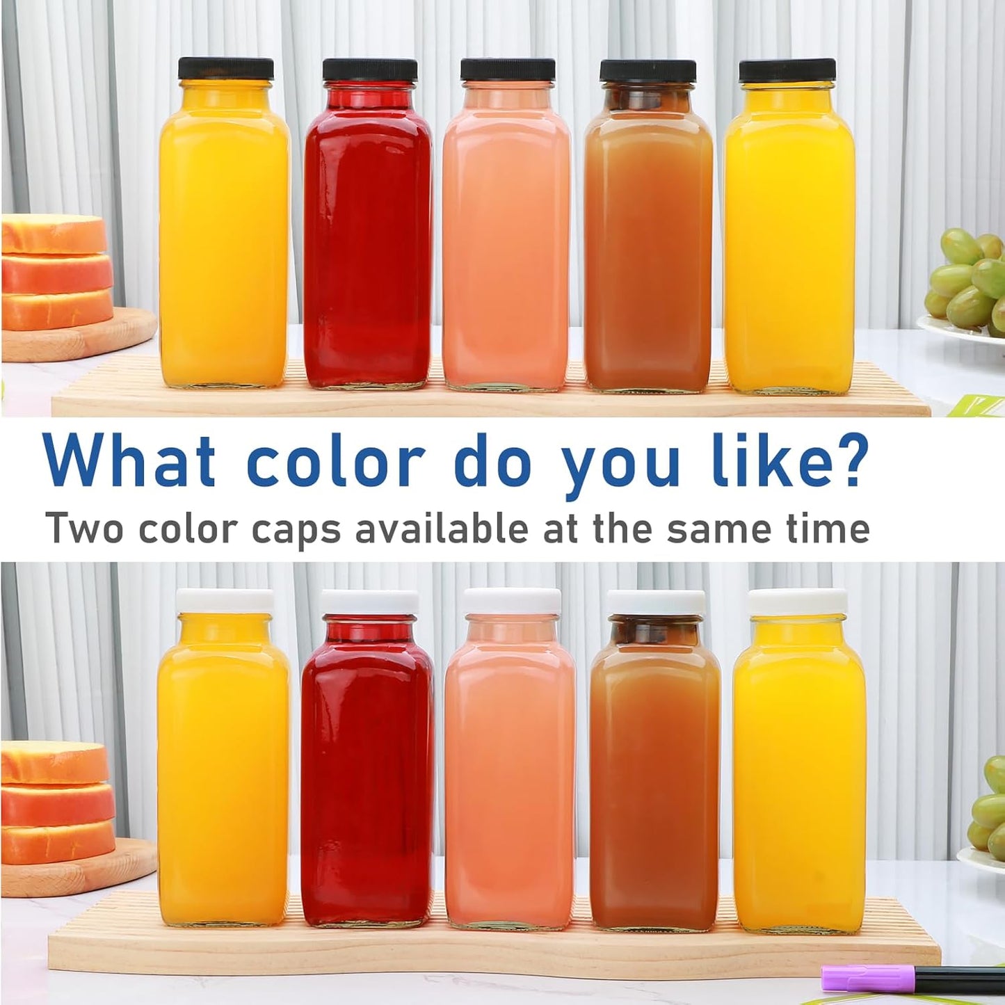 Brajttt Glass Juice Bottles with Lids, 12 OZ Juicing Bottles Reusable Glass, Set of 12 Square Beverage Containers Drinking Jars for Milk,Juice,Tea,Milkshake, Water,Honey,Jam