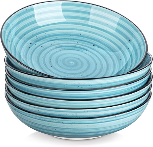 vancasso Bonbon Pasta Bowls Set of 6, 38 Oz Ceramic Salad Bowls, Wide and Shallow Bowls Set, Large Serving Bowls for Kitchen, Blue