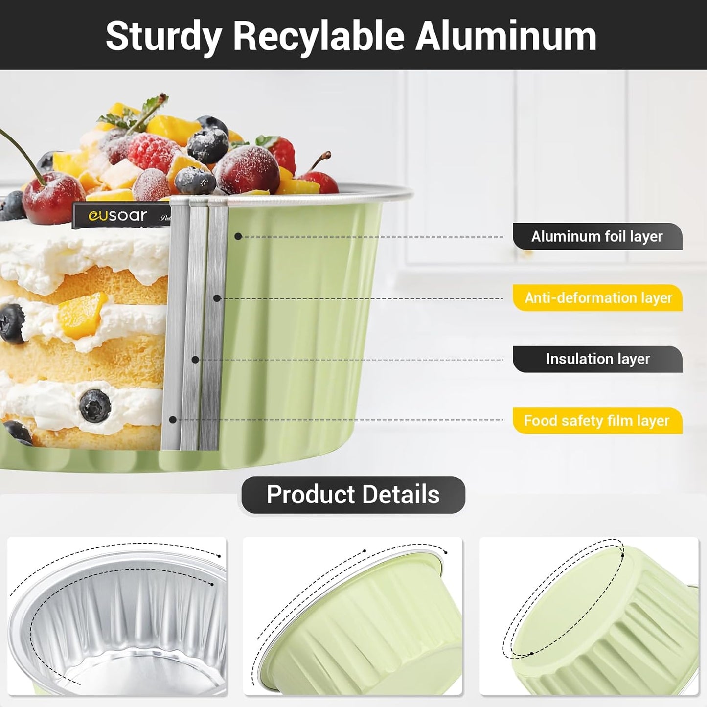 EUSOAR Foil Cupcake Wrappers, 30pcs 5oz Disposable Aluminum Foil Baking Cups Containers with Lids, Dessert Cups with Lids Mini Aluminum Cheesecake Pan Creme Brulee Ramekins-Mustard