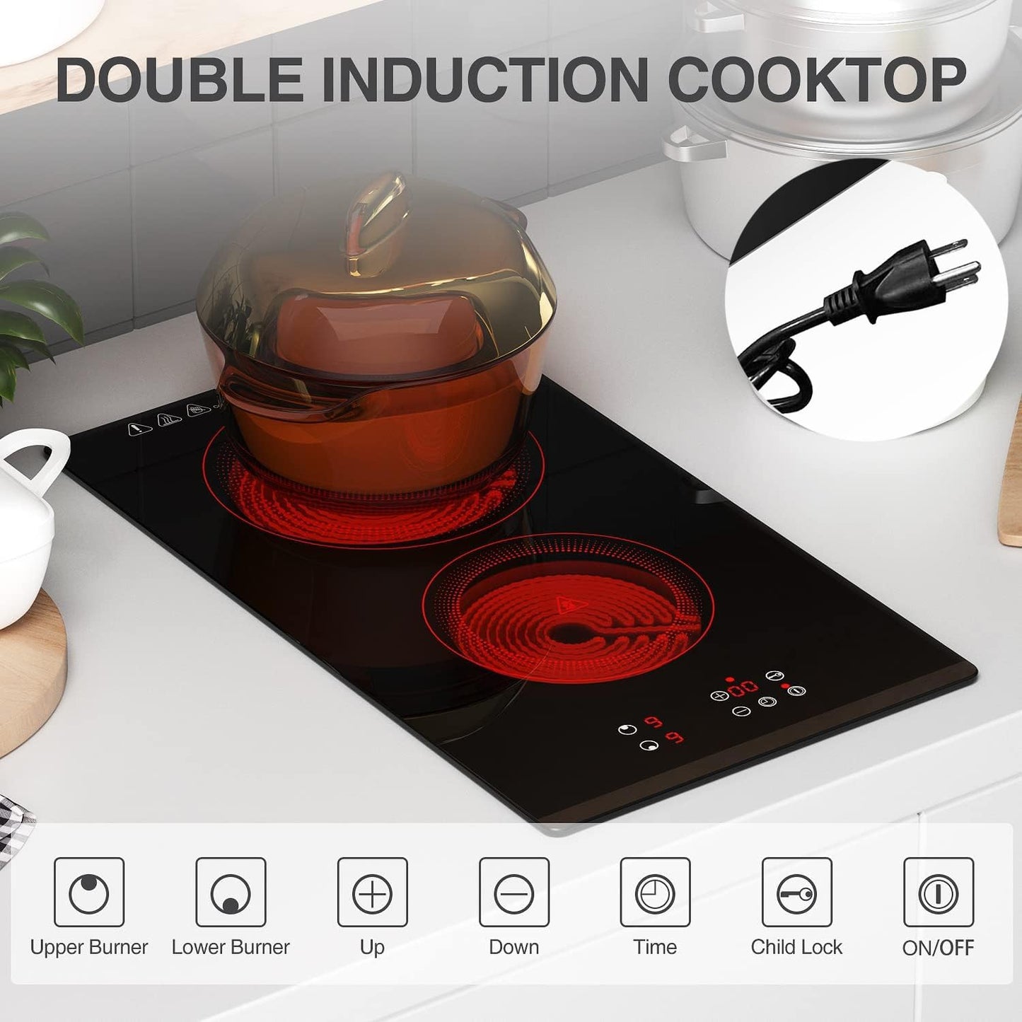 Portable Electric Hot Plate, 2 Burner Cooktop 110V/120V Plug-in, Infrared Stove Top for Cooking, LED Touch Control, Timer & Safety Lock for RV, Dorm, Apartment (Electric Cooktop 2 Burners)