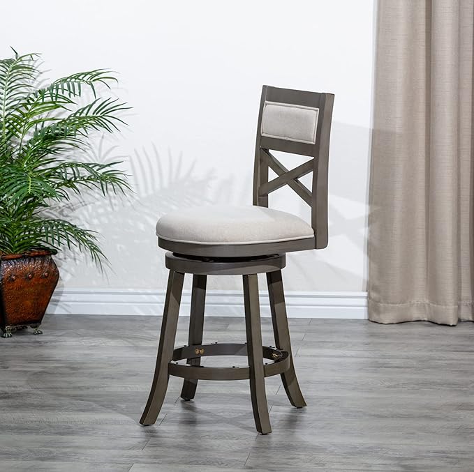 DTY Indoor Living Meeker 24 Inch Counter Height Bar Stools with Backs - Wooden Swivel Counter Stools for Kitchen Island - Beige Fabric Seat, Solid Wood Frame, Weathered Gray Finish