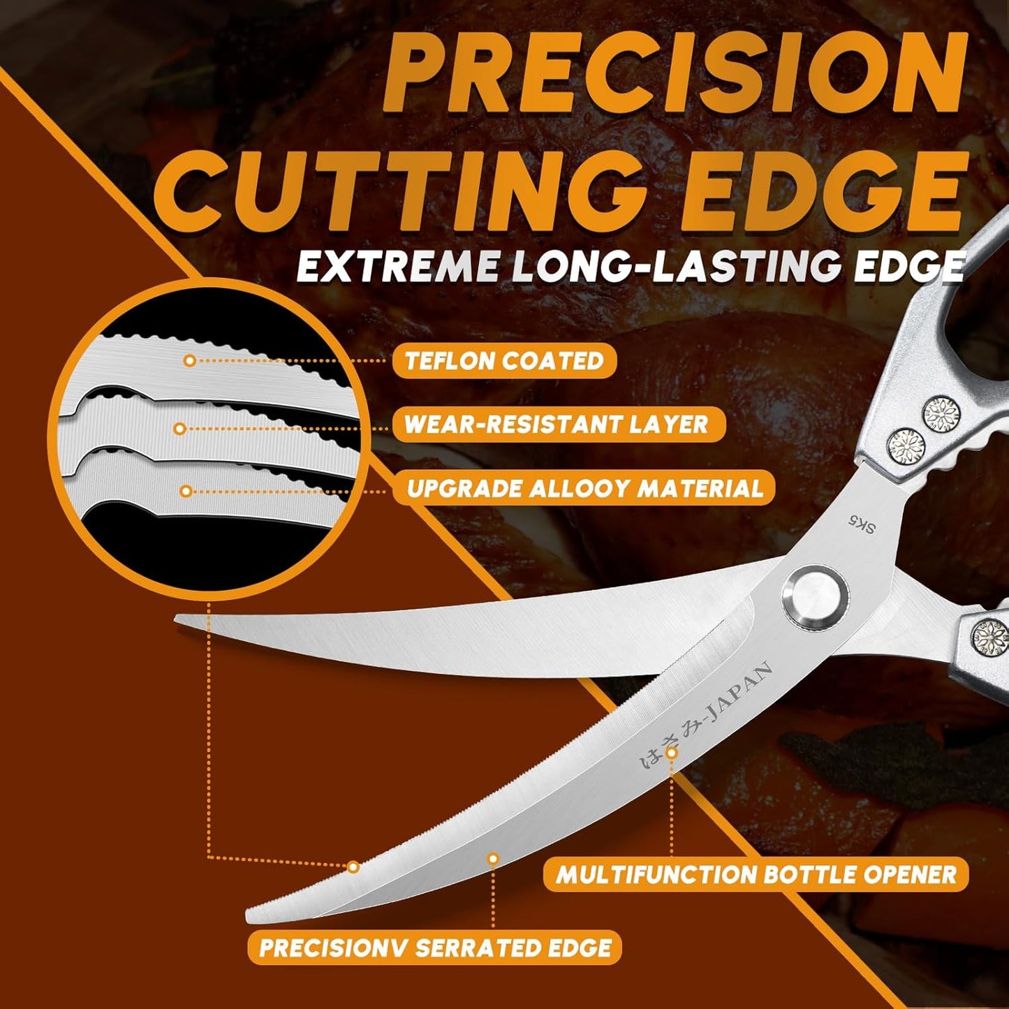 HUUSK Kitchen Scissors Set Silver - Stainless Steel Kitchen Shear, Sharp Meat Scissors Dishwasher Safe, Heavy Duty Poultry Shears, Japanese Cooking Scissor for Food, Chicken Bones, and Turkey