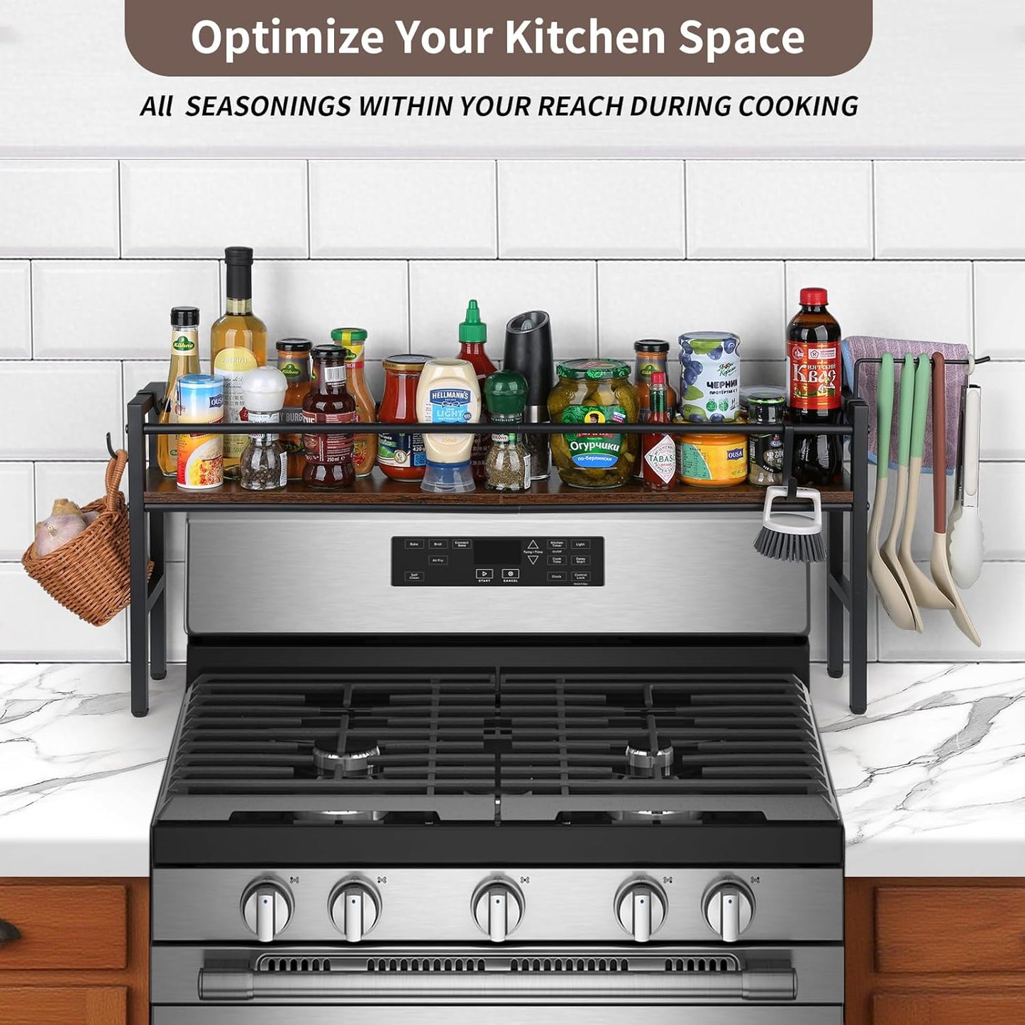 Meangood Spice Rack Shelf for Kitchen Stove, Over the Stove Shelf with 4 Hooks Extra Storage Countertop, Rustic Wood & Solid Metal Commbined Stove Shelf for Storage Seasoning, Easy to Assemble