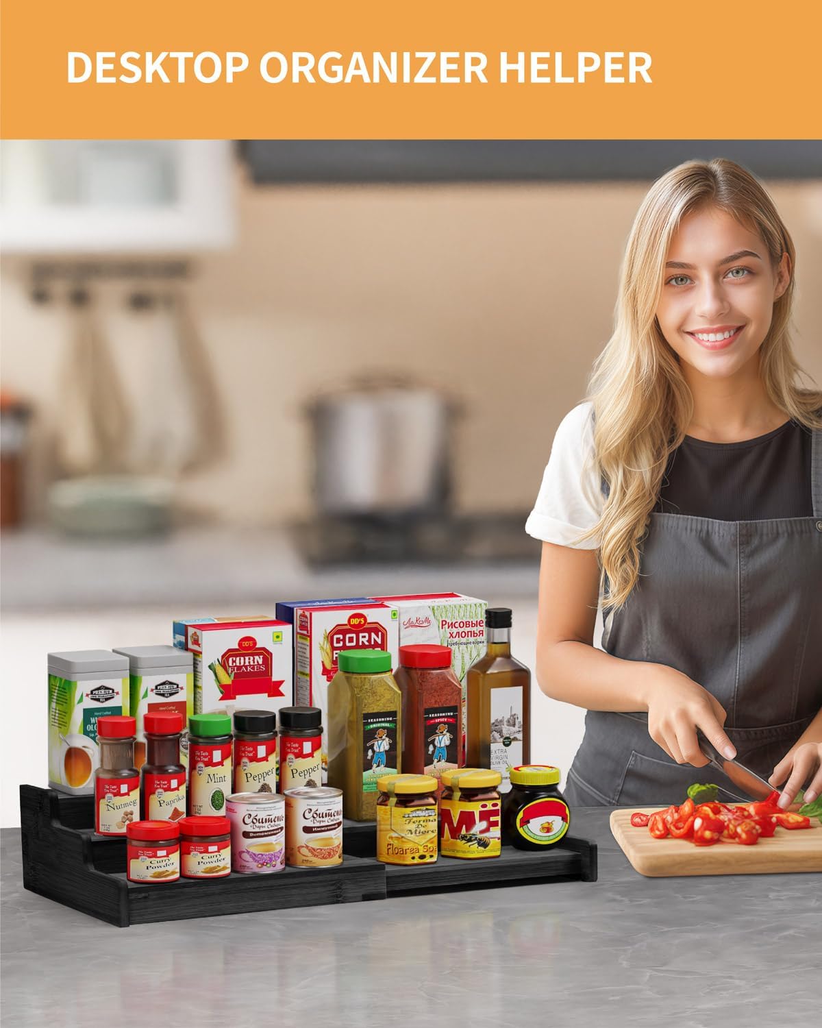 Spice Rack Organizer, 3 Tier Expandable Bamboo Spice Rack Organizer, Great for Kitchen Cabinet, Cupboard, Pantry and More-Black