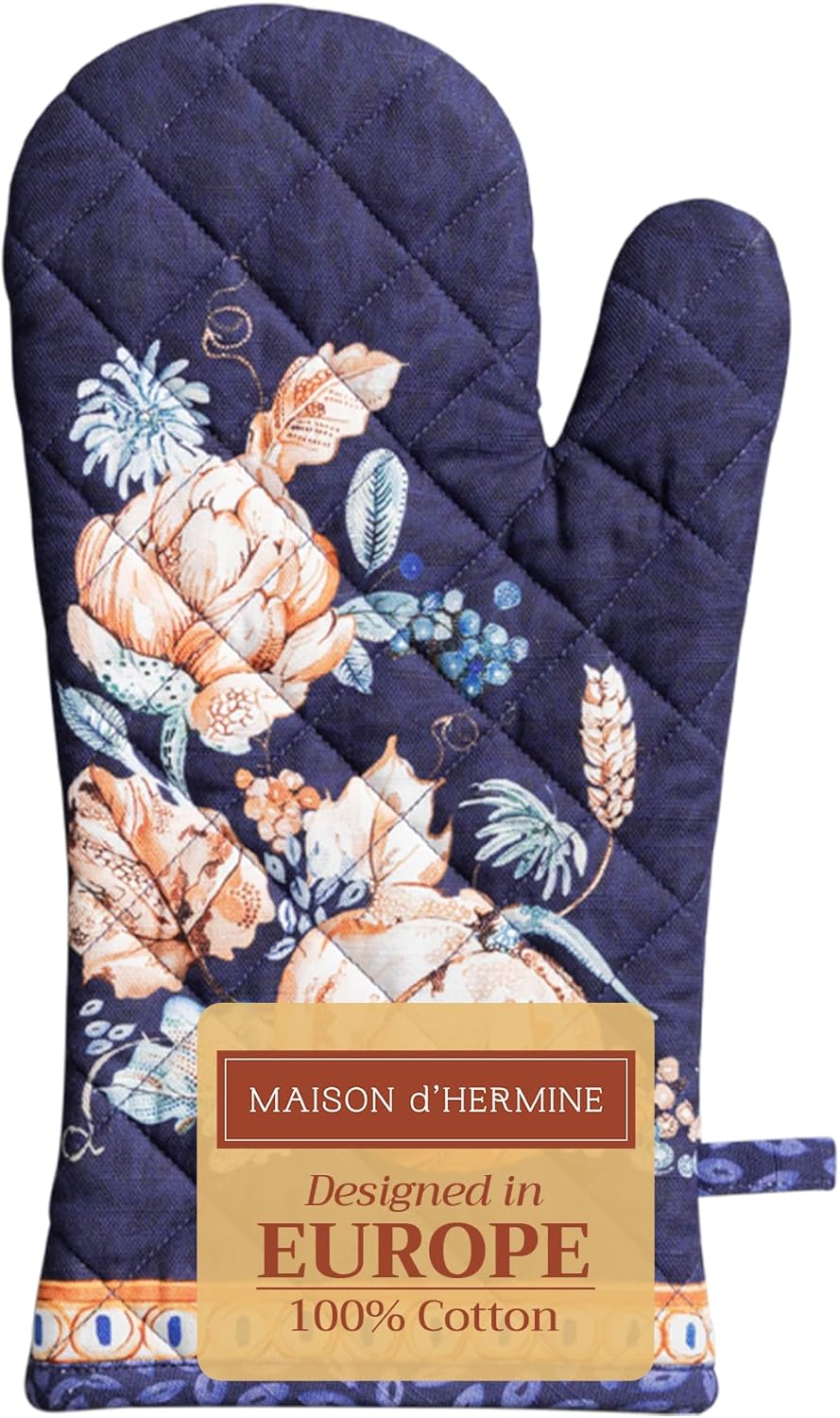 Maison d' Hermine Oven Gloves 100% Cotton Oven Mitt 7" x 13" with Loop Heat Resistant, BBQ, Cooking Gloves, Baking, Grilling, Kitchen, Handling Hot Pans (Pack of 1, Pumpkin Blues)