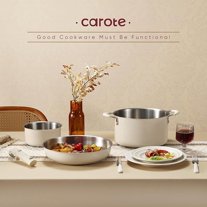 CAROTE 16Pcs Stainless Steel Cookware Set With Detachable/Removeble Handle Set, Space Saving Pots and Pans Set, RV Camping Set, Outer Ceramic Layer Nonstick, Dishwasher/Oven Safe, Kitchen Cooking Set