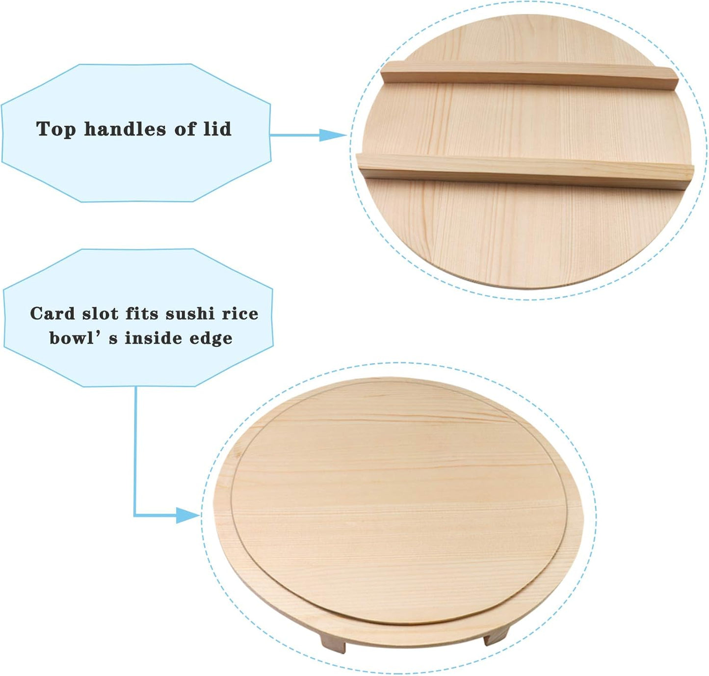 Kichgather Wooden Sushi Rice Bowl with Lid Hangiri Sushi Oke Sushi Rice Mixing Tub (13 “ with lid)