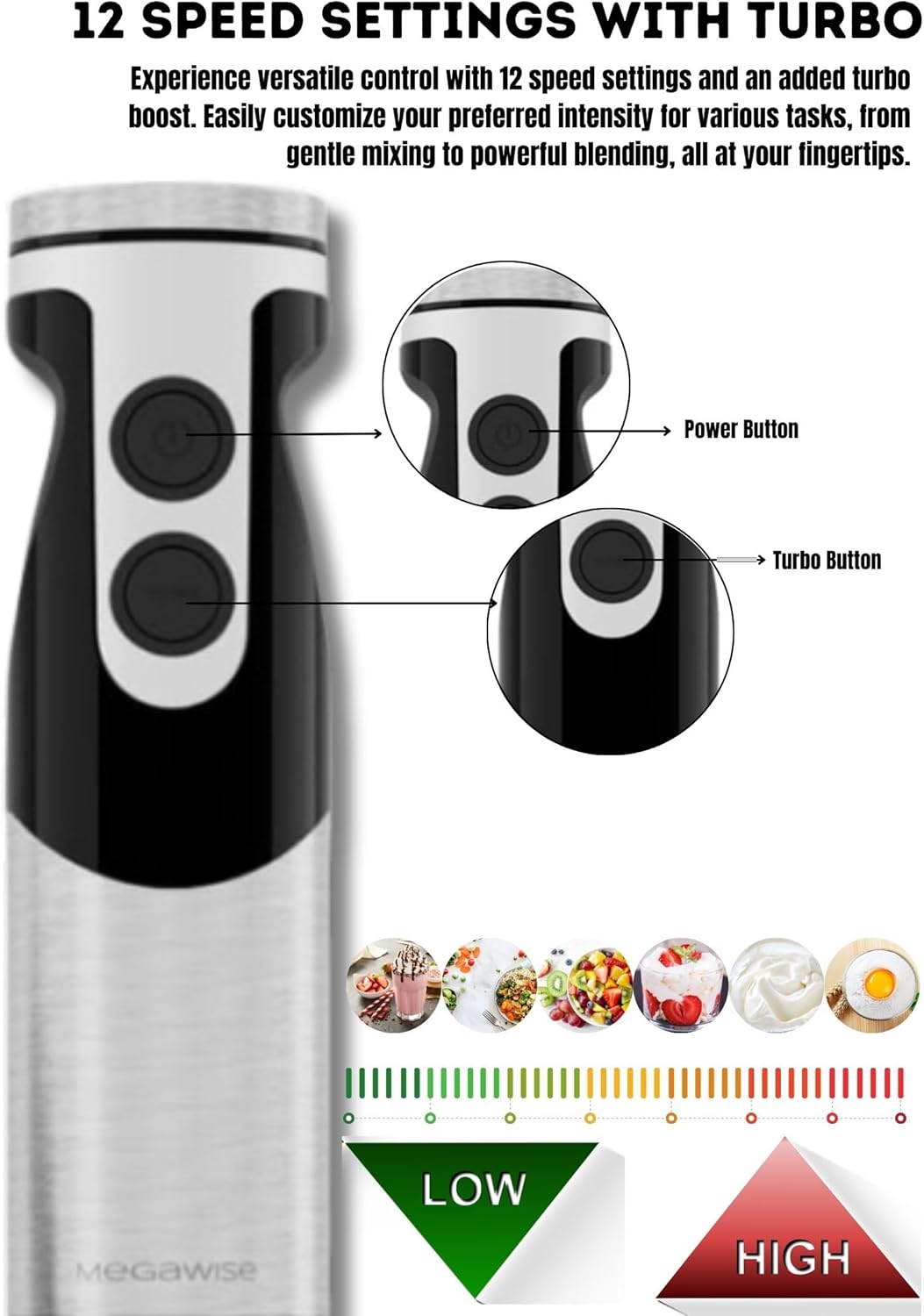 Megawise High-Power Hand Blender – 400W Max Power with Versatile 3-in-1 Attachments (Blending Shaft, Whisk, Chopper); Ergonomic Design with Adjustable Speed Control; Easy to Clean and Maintain (Black)