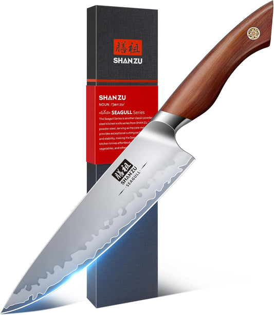 SHAN ZU Chef Knife 8 Inch, American S35VN Powder Steel Sharp Kitchen Knife, Professional Cooking Knife with Ergonomic Red Sandalwood Handle, Meat Cutting Gyuto Knife, Gifts for Women & Men