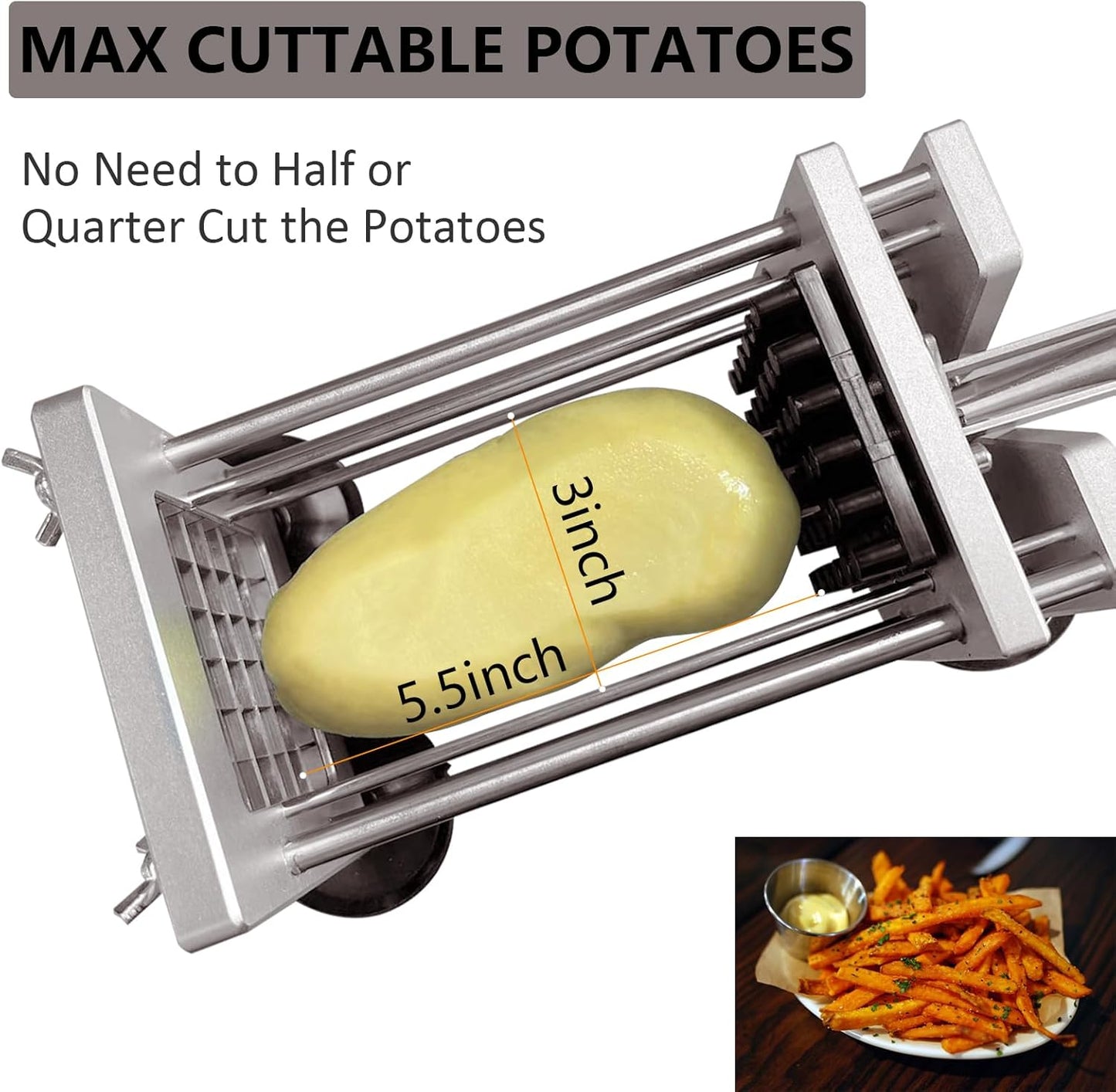 French Fry Cutter, Potato Slicer Fry Cutter with Detachable Handle， Stainless Steel Potato Cutter Includes 3/8",1/2" Blades with 4 Suction Feet for Potato, Carrot, Cucumbers