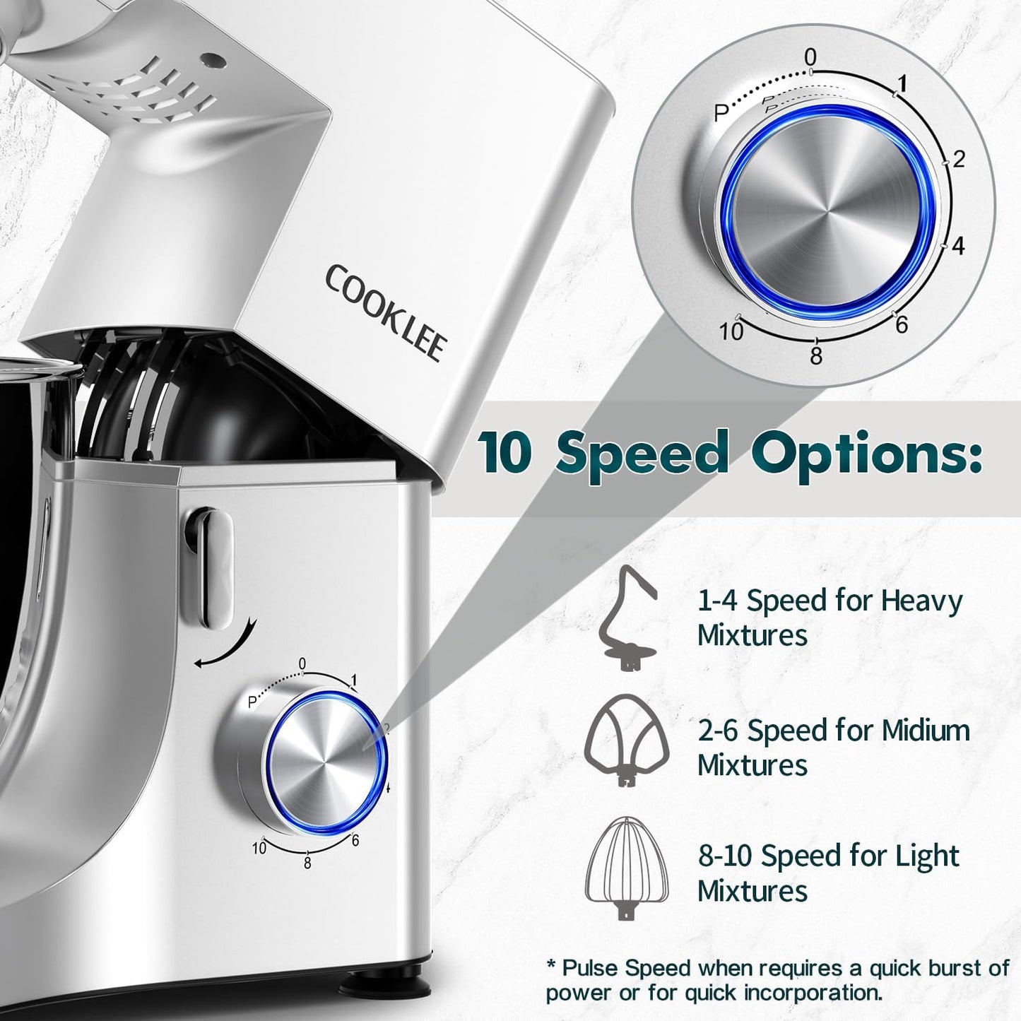 COOKLEE Stand Mixer, 9.5 Qt. 660W 10-Speed Electric Kitchen Mixer with Dishwasher-Safe Dough Hooks, Flat Beaters, Wire Whip & Pouring Shield Attachments for Most Home Cooks, Silver