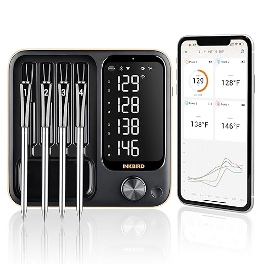 4-Probe WiFi Wireless Meat Thermometer with 360°Readable LCD Standalone Base, WiFi and Bluetooth 5.3 Unlimited Range, IPX8 Waterproof Food Kitchen Thermoemter for BBQ, Grill, Smoker, Oven, Rotisserie