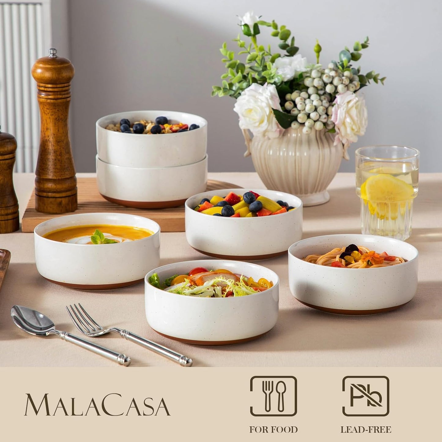 MALACASA Cereal Bowls Set of 6, 24 OZ Ceramic Bowls for Kitchen, Soup Bowl Breakfast Bowls, Dishwasher Microwave Safe, Khaki White, Series TARA