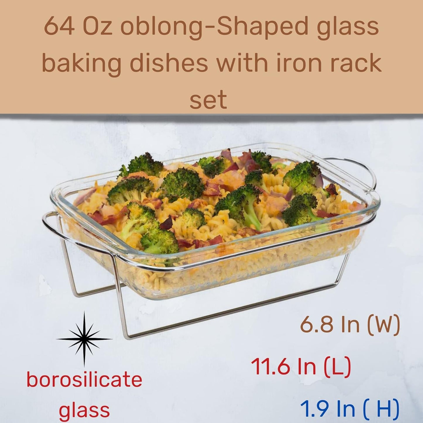 Moss & Stone Glass casserole Dish Made by Borosilicate Glass, 10 X 6.5 Inch Durable Bakeware Dish Oven Safe & Microwave Safe, Clear Glass Rectangular Baking Pan (1 Pcs & Stand)