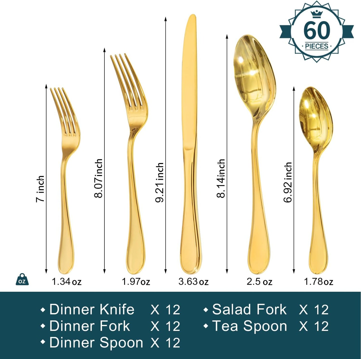 KINGSTONE 60 Piece Teardrop Silverware Set for 12, 18/10 Stainless Steel Flatware Set, Modern Design Cutlery Set for Home/Hotel/Wedding,Mirror Polished and Dishwasher Safe, Gold