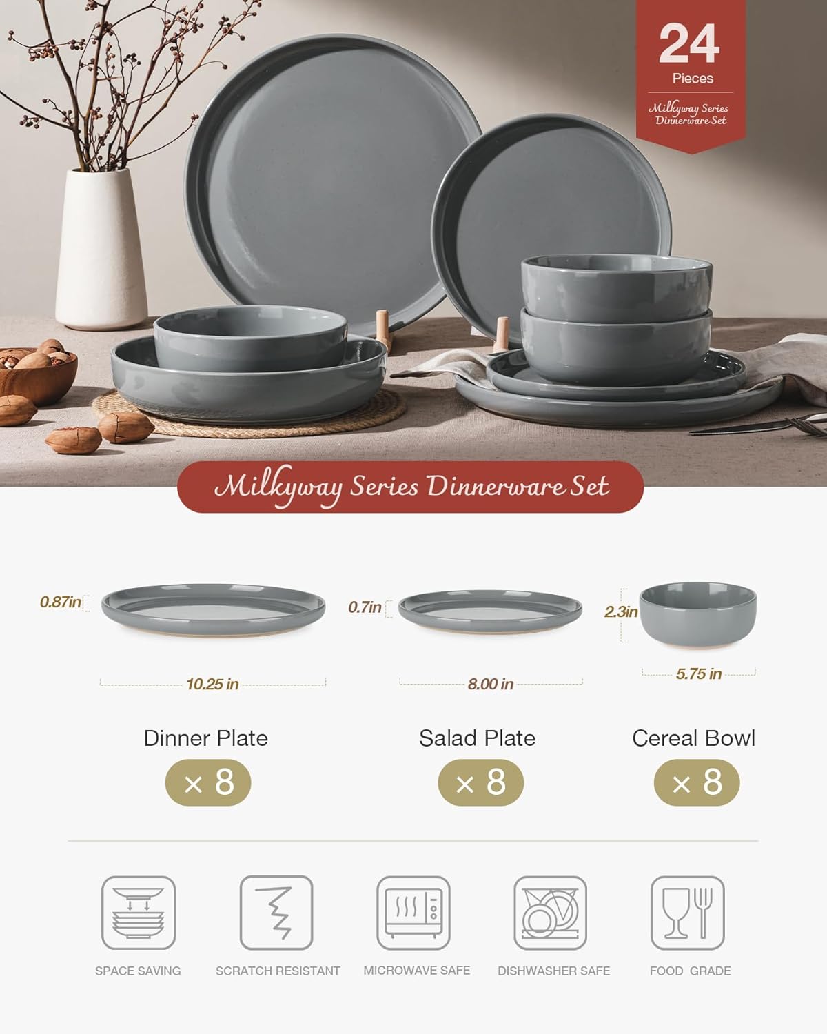 Famiware Milkyway Dinnerware Sets, 24 Piece Dish Set, Plates and Bowls Sets for 8, Dark Gray