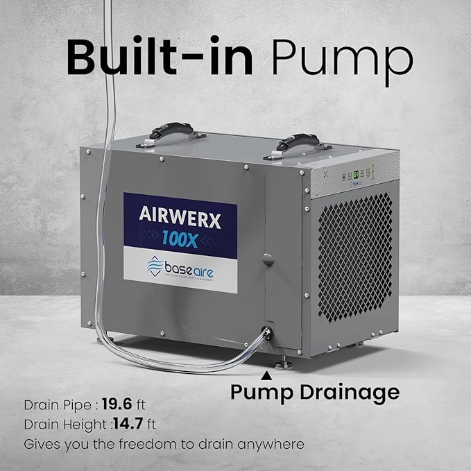 BaseAire 220 Pints Crawlspace Dehumidifiers with Pump and Drain Hose, Commercial Dehumidifier for Home,Garage and Basement, Large Capacity, Compact, Auto Defrost, Intelligent Control, Up to 2900 Sq Ft