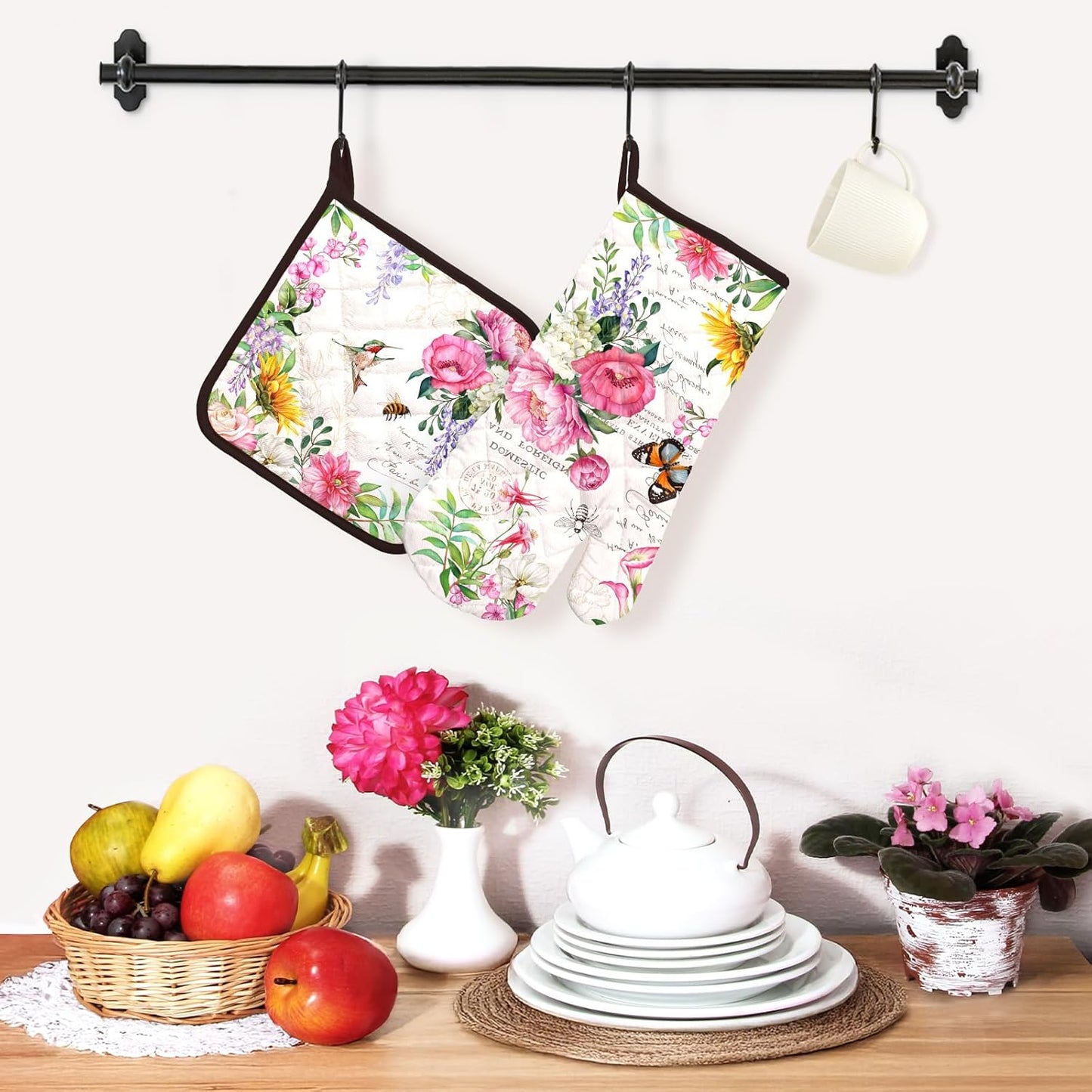 Vintage Flower Oven Mitts and Pot Holders Sets 2Pcs, 100% Cotton Heat Resistant, Extra Long Oven Gloves Potholder for Kitchen Cooking Baking Decoration