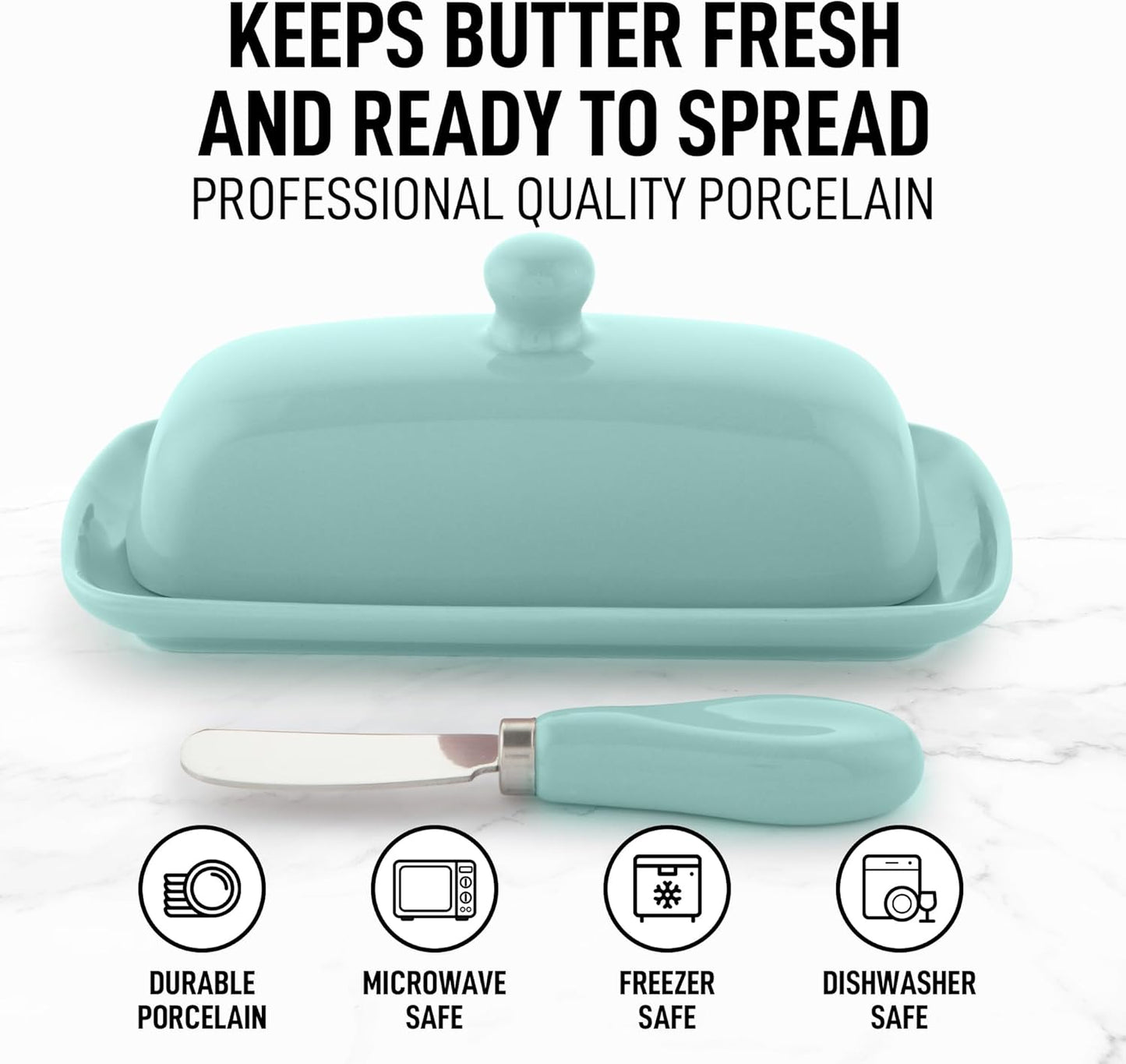 Zulay Butter Dish With Lid For Countertop - Porcelain White, Ceramic Butter Dish with Knob Handle Great for Cooking - Elegant Design Butter Holder - Durable & Sturdy Butter Keeper - Mint
