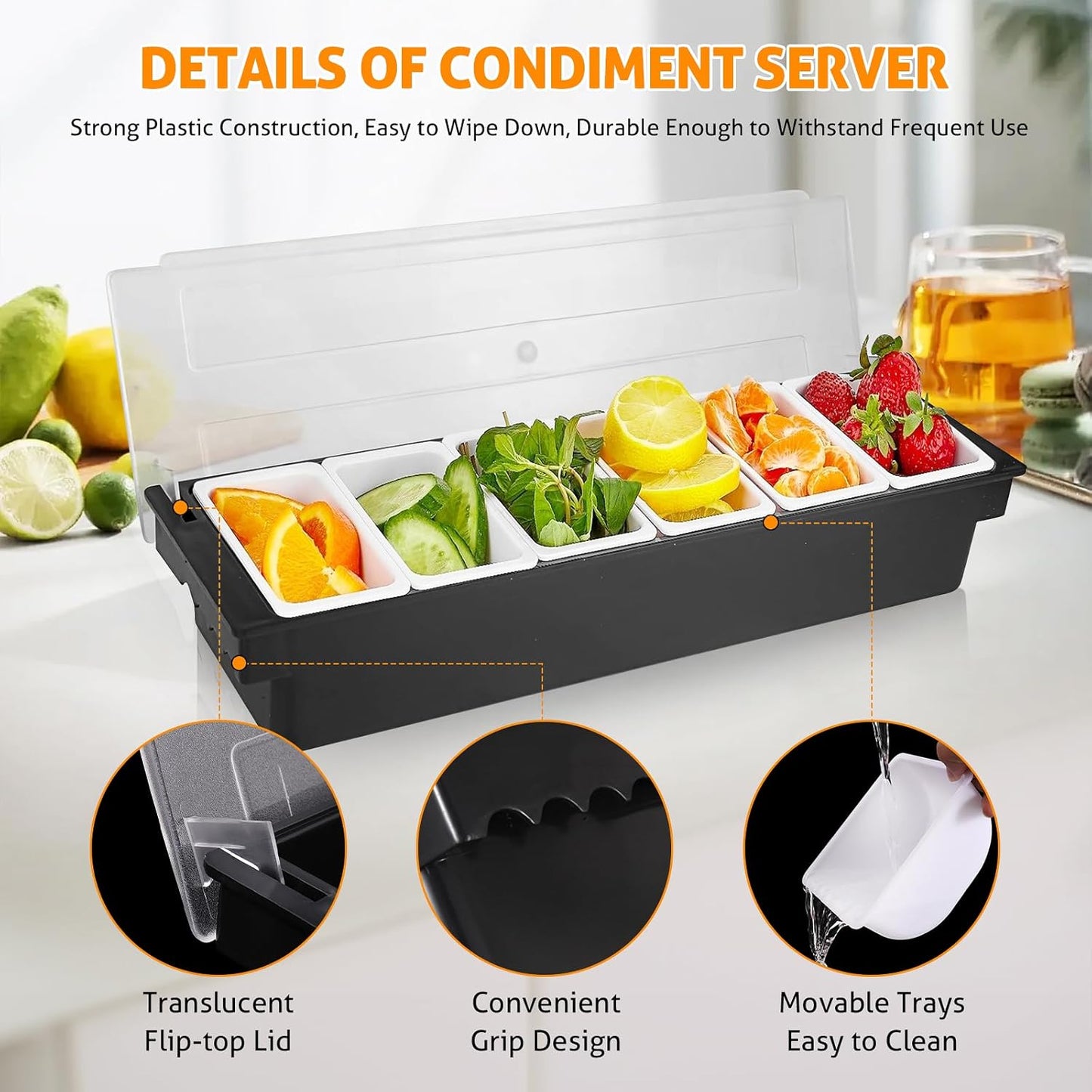 WICHEMI Fruit, Veggie & Condiment Caddy with Lid Dispenser Tray Plastic Garnish Station for Bartending & Serving Taco, Ice Cream, Salad Bar - Topping Organizer for Restaurant Supplies (6 Compartment)