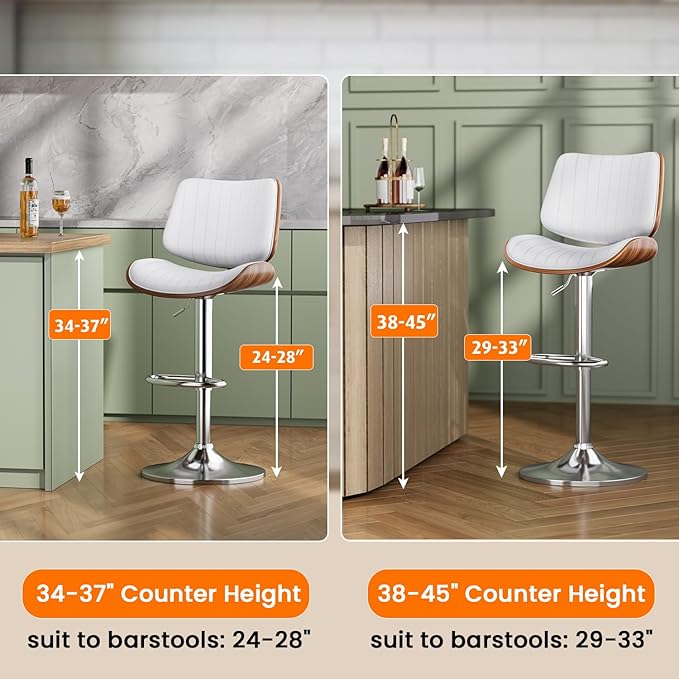 Swivel Bar Stools Set of 2, Adjustable Bentwood Barstools for Kitchen Counter, Modern PU Leather Upholstered Bar Chair with Back and Footrest, for Kitchen Island, Bar, Dining Room, Cafe, White