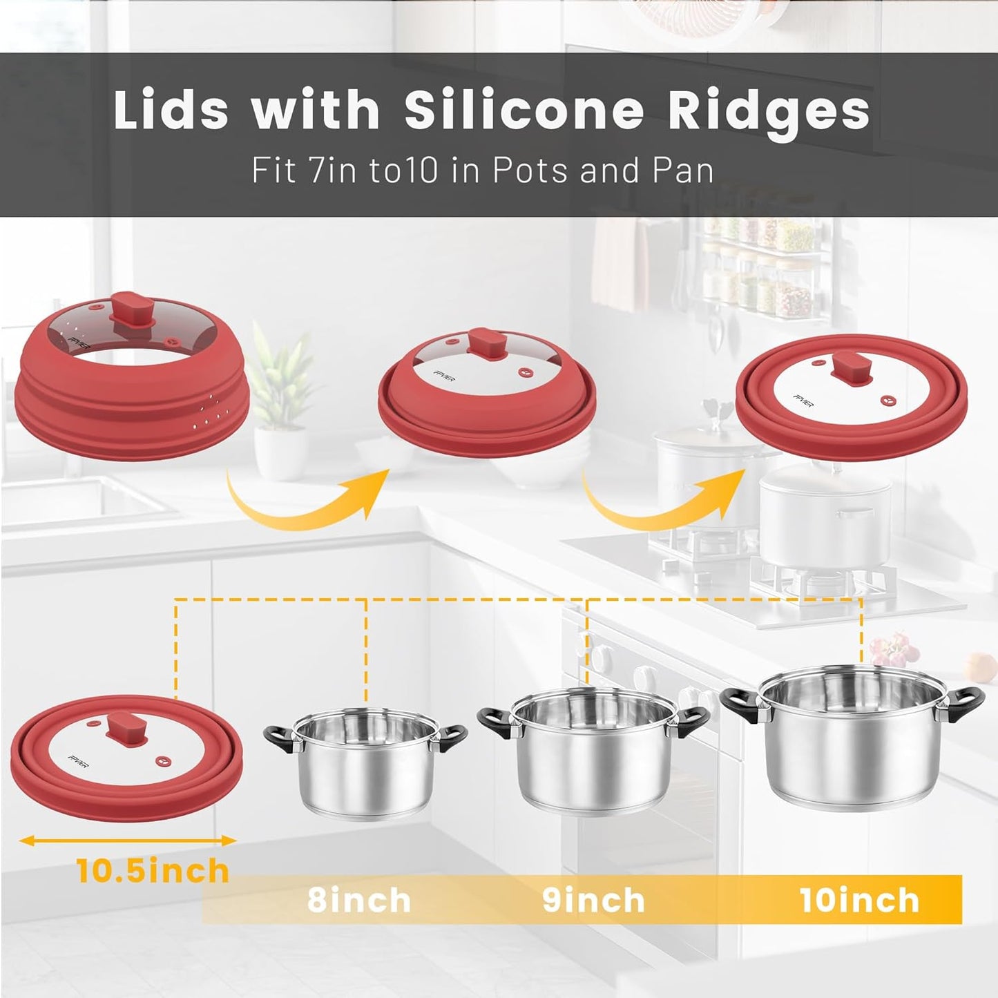 Microwave Splatter Cover, Vented Silicone and Glass Cover Splatter Guard Lid, Food Collapsible Plate Cover Lid with Easy Grip Handle. (Red, 10.8 inch)