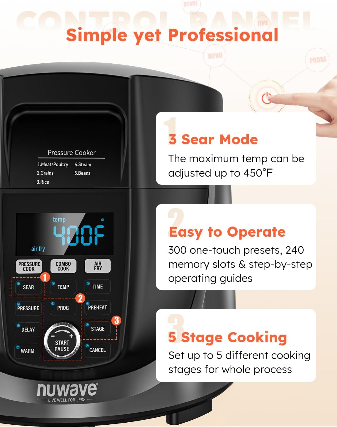 Nuwave Duet Air Fryer and Electric Pressure Cooker Combo with 2 Switchable Lids, 300 FoolProof One-Touch Presets, Crisp&Tender Tech, 6QT Heavy-duty Stainless Steel Pot, 15+ Safety Features