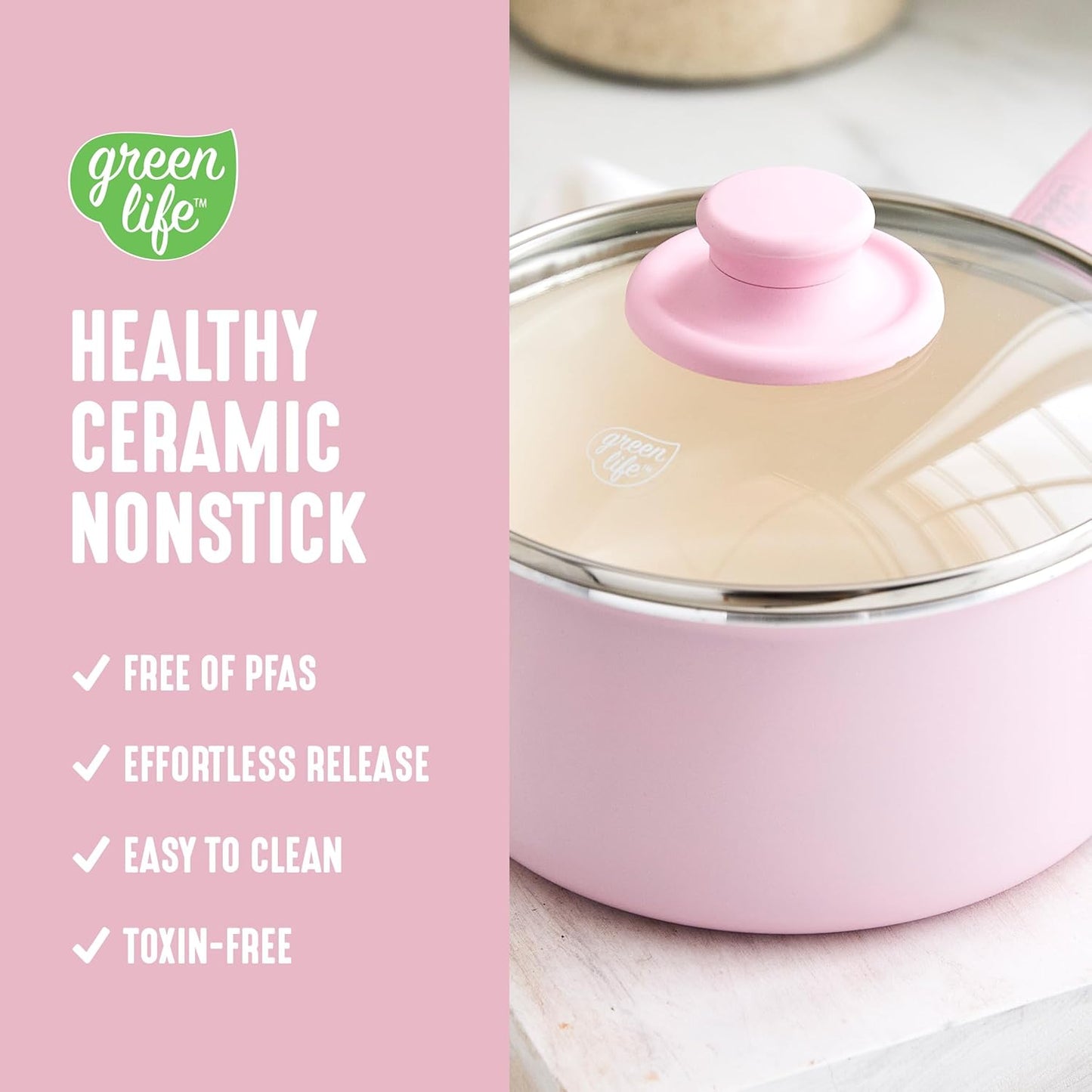 GreenLife 2 Quart Ceramic Nonstick Saucepan with Lid, PFAS-Free, Stay-Cool Handle, Multipurpose Kitchen Cooking Pot, Dishwasher & Oven Safe, Pink