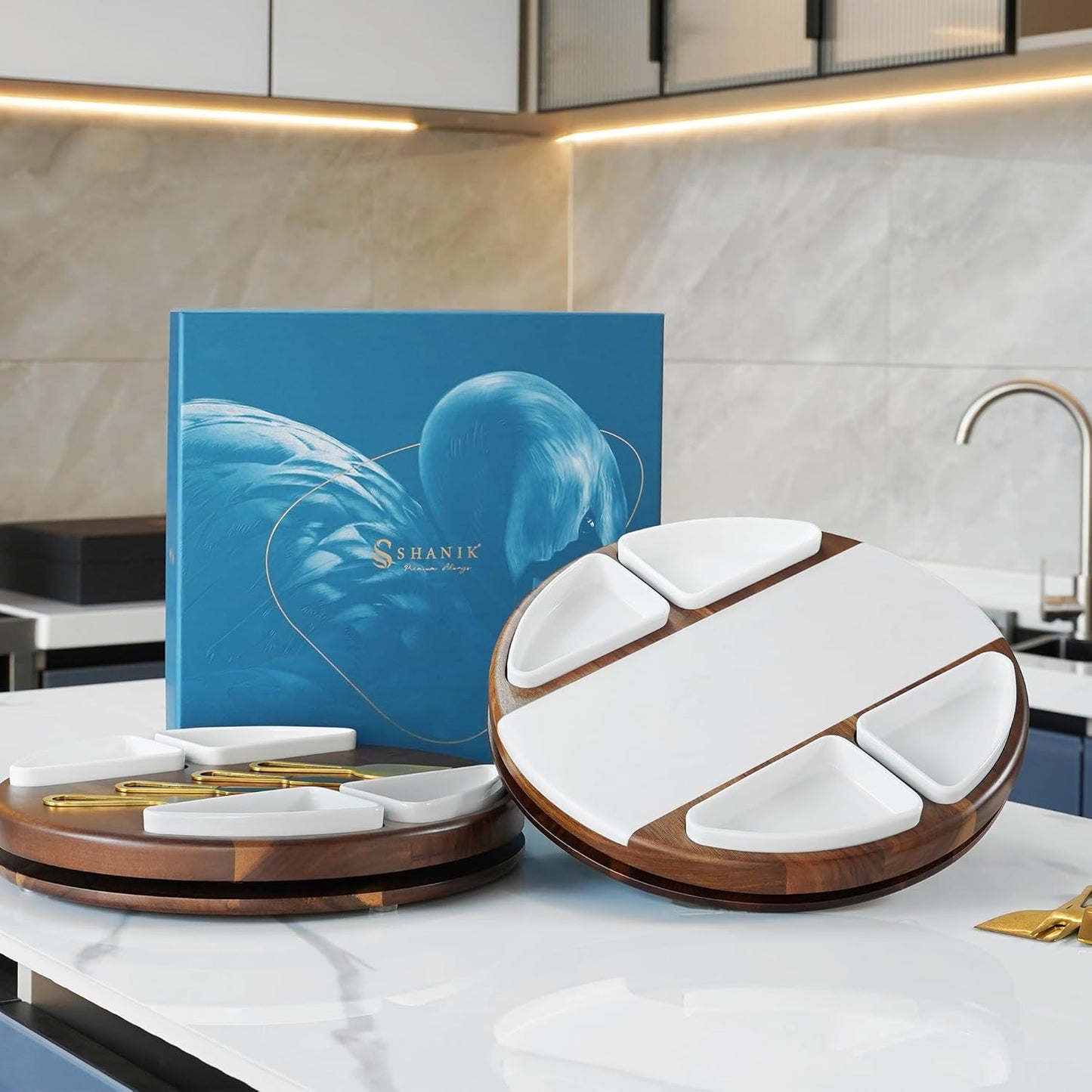 Shanik Upgraded Lazy Susan Cheese Cutting Board Set - Round Acacia Charcuterie Board With 4 Ceramic Bowls - Wedding Gifts - Cheese Serving Platter - Bridal Shower