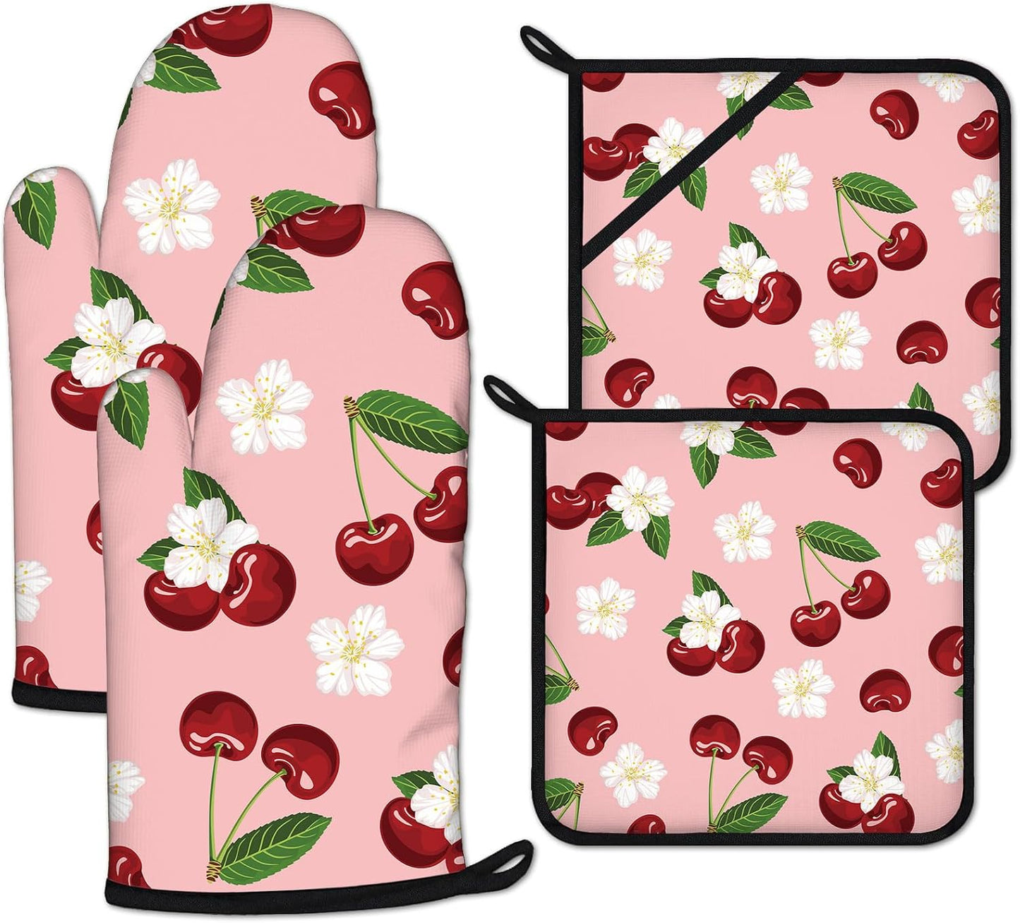 Cherry Oven Mitts and Pot Holders Sets Heat Resistant 4Pcs White Flower Potholders Oven Gloves Hot Pads for Kitchen Baking Cooking Grilling BBQ
