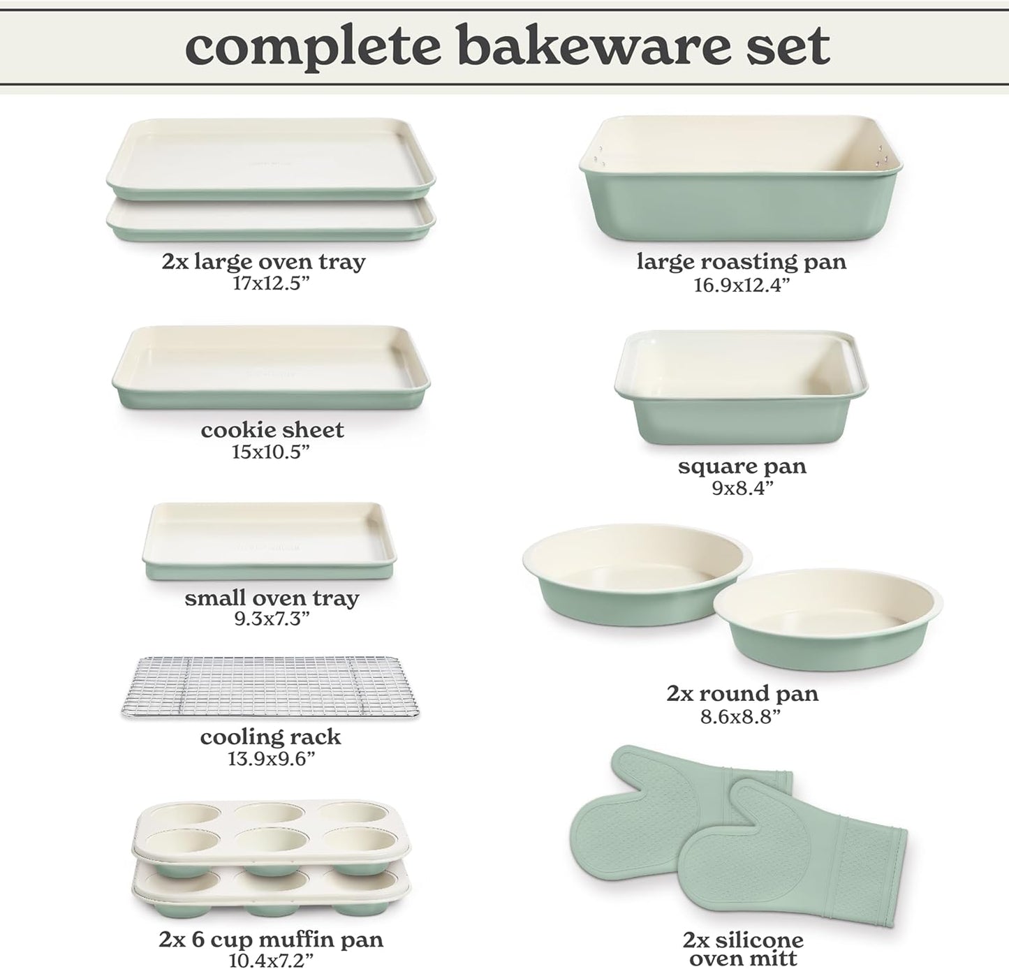 Country Kitchen Nonstick Stackable Bakeware Set - Deluxe Heavy Duty, Durable, Easy Release Baking Set, Sage, 13 Pcs with Handles