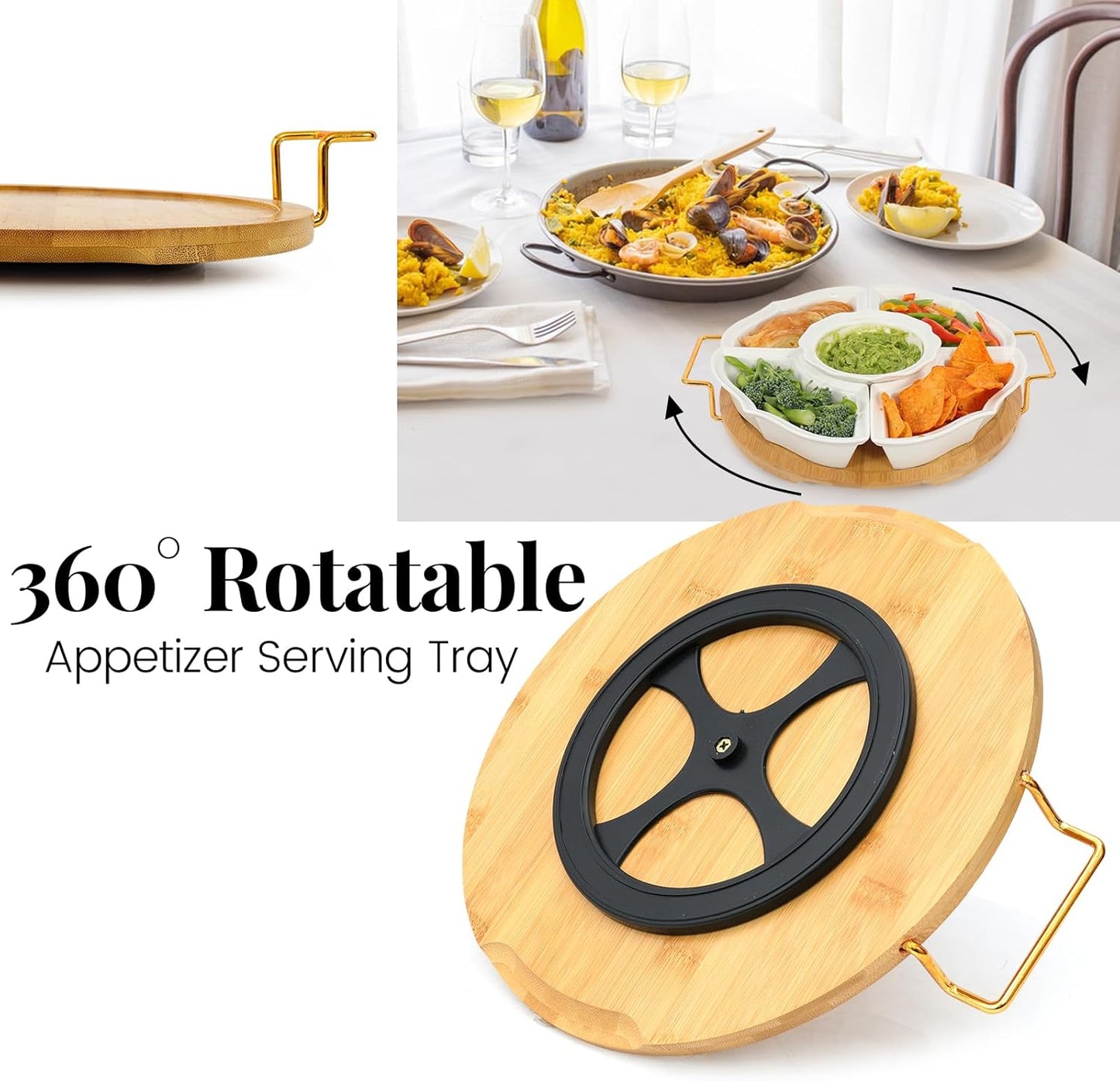 Party Serving Trays and Platters, Ceramic Lazy Susan Serving Tray with Divided Sections Appetizer Rotating Serving Tray for Fruits, Veggies, Chips and Dip Serving Set
