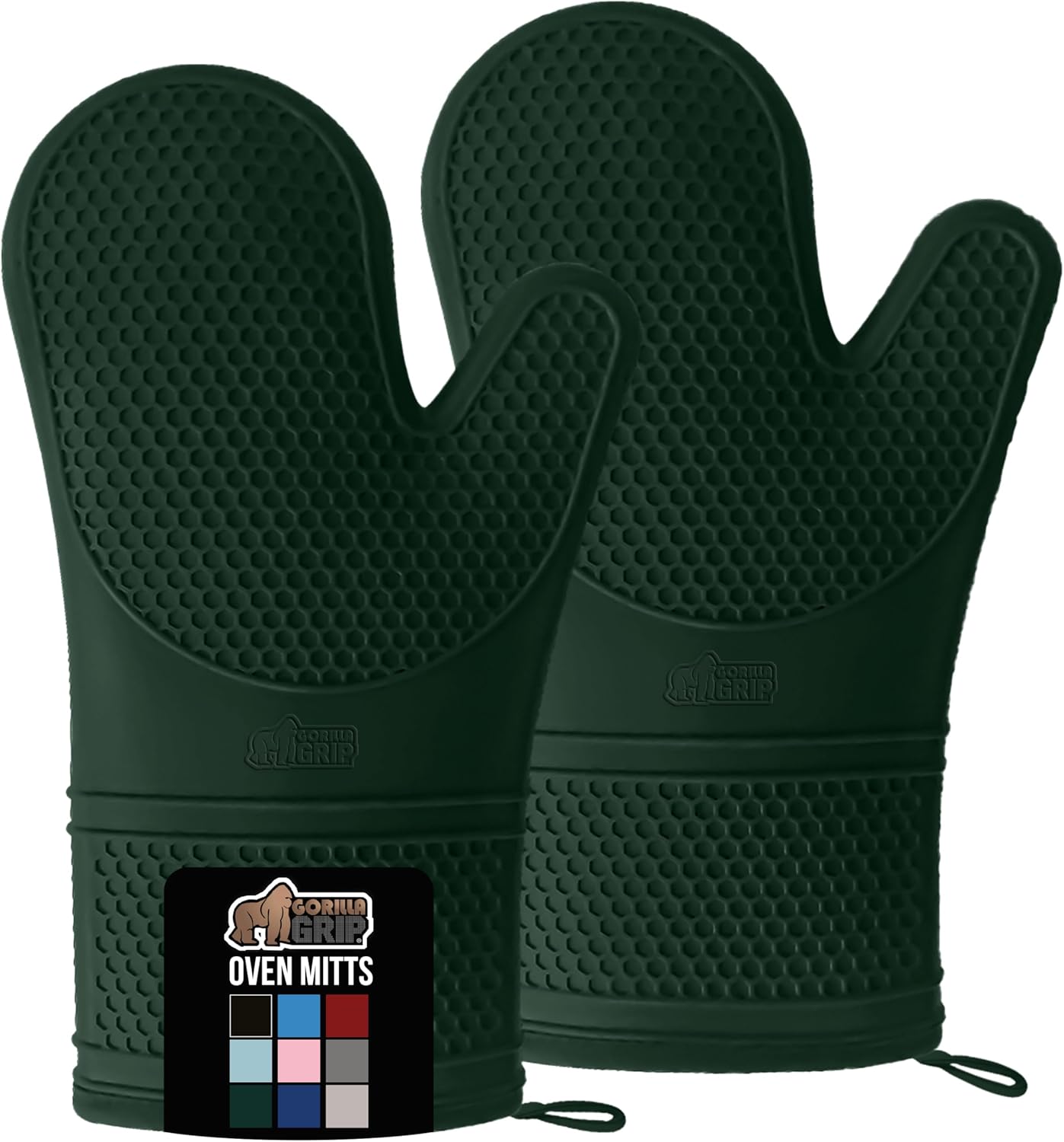 GORILLA GRIP BPA-Free Soft Silicone Oven Mitts, Heat Resistant and Waterproof Cooking Gloves, Thick Cotton Lining, Flexible Gripping for Baking Grilling, Kitchen Potholders Set, 12.5x8.3, Hunter Green