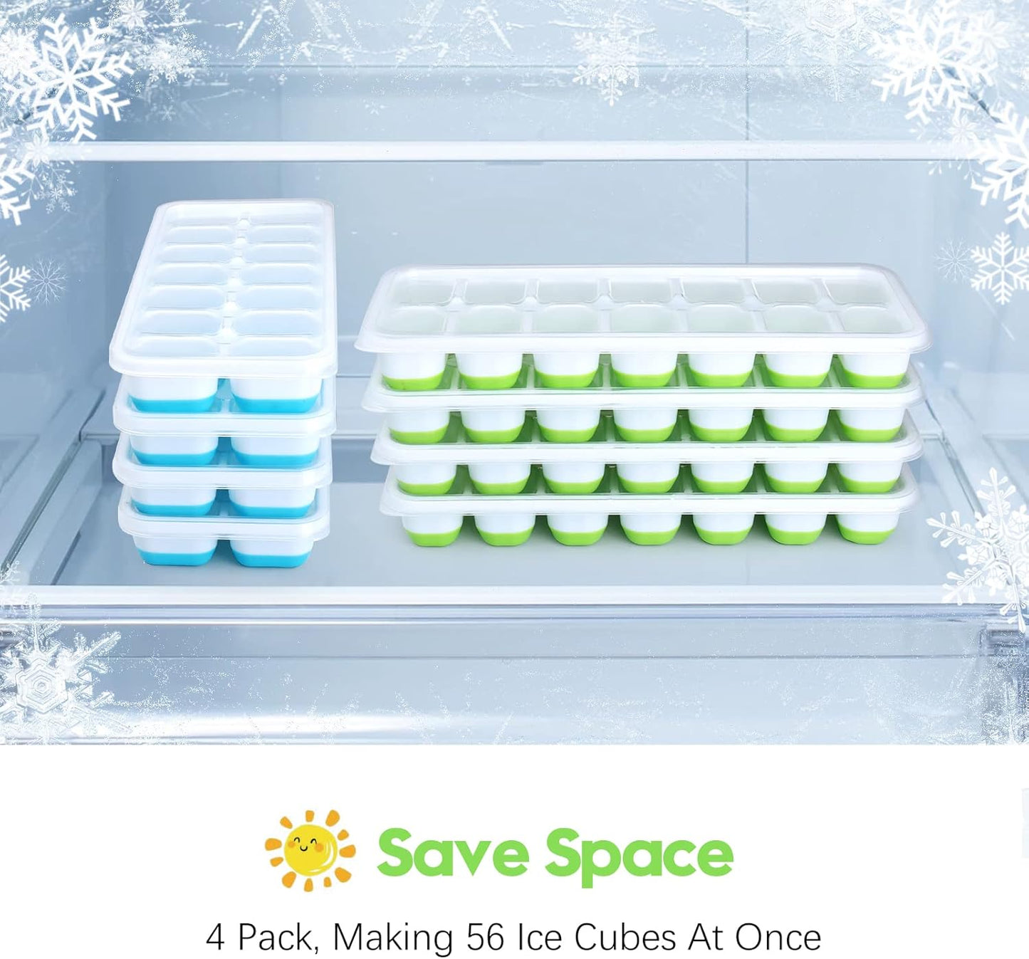 Silicone Ice Cube Tray, 8 Pack Easy-Release & Flexible 14-Ice Cube Trays with Spill-Resistant Removable Lid, Stackable Ice Trays with Covers for Freezer, Cocktail (4 Blue + 4 Green)