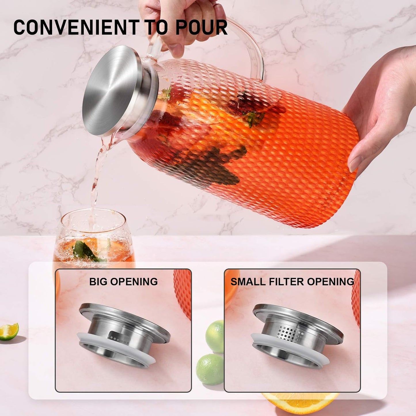 Aofmee 80oz Glass Pitcher with Lid, 2.4 Liter Water Pitcher, Glass Carafe for Cold or Hot Beverages, Sun Tea Jar, Easy Clean Heat Resistant Jug for Juice, Milk