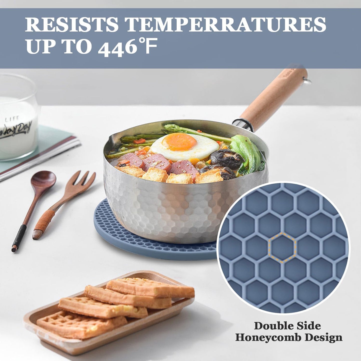 Silicone Trivets for Hot Dishes, Multi-Purpose Pot Holders 4PCS 2 Sizes 7 Inch & 9 Inch, Heat Resistant Non-Slip Silicone Trivet Mats Hot Pads for Kitchen Counter, Trivet for Hot Pots and Pans (Blue)