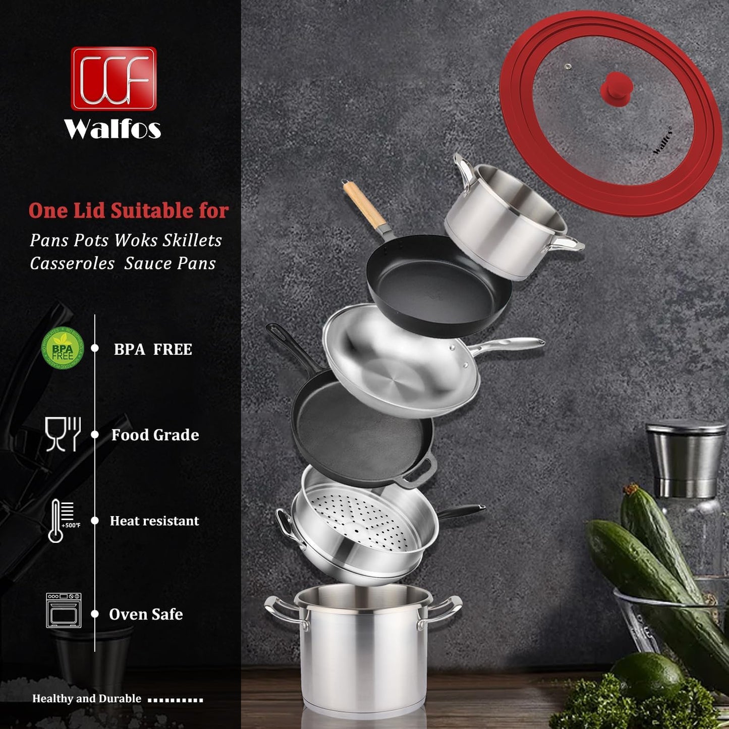 Universal Lid for Pots, Pans and Skillets - Walfos Tempered Glass Pan Lid with Heat Resistant Silicone Rim, BPA Free Large Pot Lids Fits 10", 11" and 12" Diameter Cookware, Dishwasher-Safe, Red