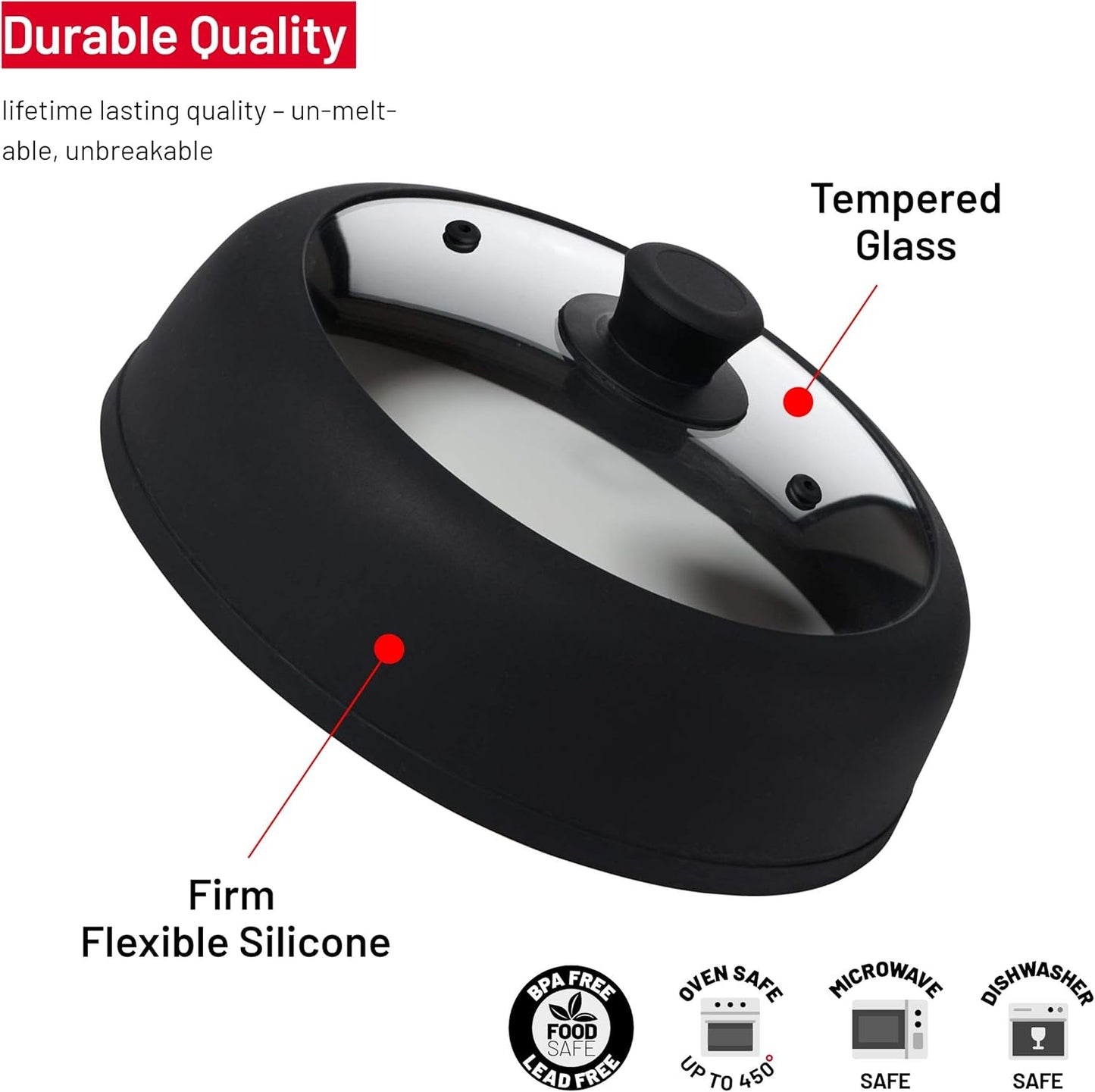 Bezrat Vented Glass Microwave Plate Cover | Large 12-inch Splatter Guard Lid | Firm Grip Silicone handle | 100% Food Grade | Dishwasher Safe (Black)