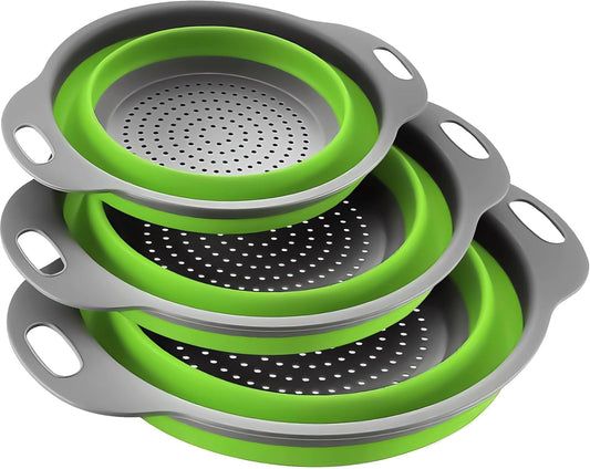 Collapsible Colander Set of 3, Space-Saving Foldable Strainer for Kitchen, 3 Sizes Food Strainer for Draining Pasta, Vegetable and Fruit, Kitchen Gadgets for Home Use and Outdoor Camping (Green)