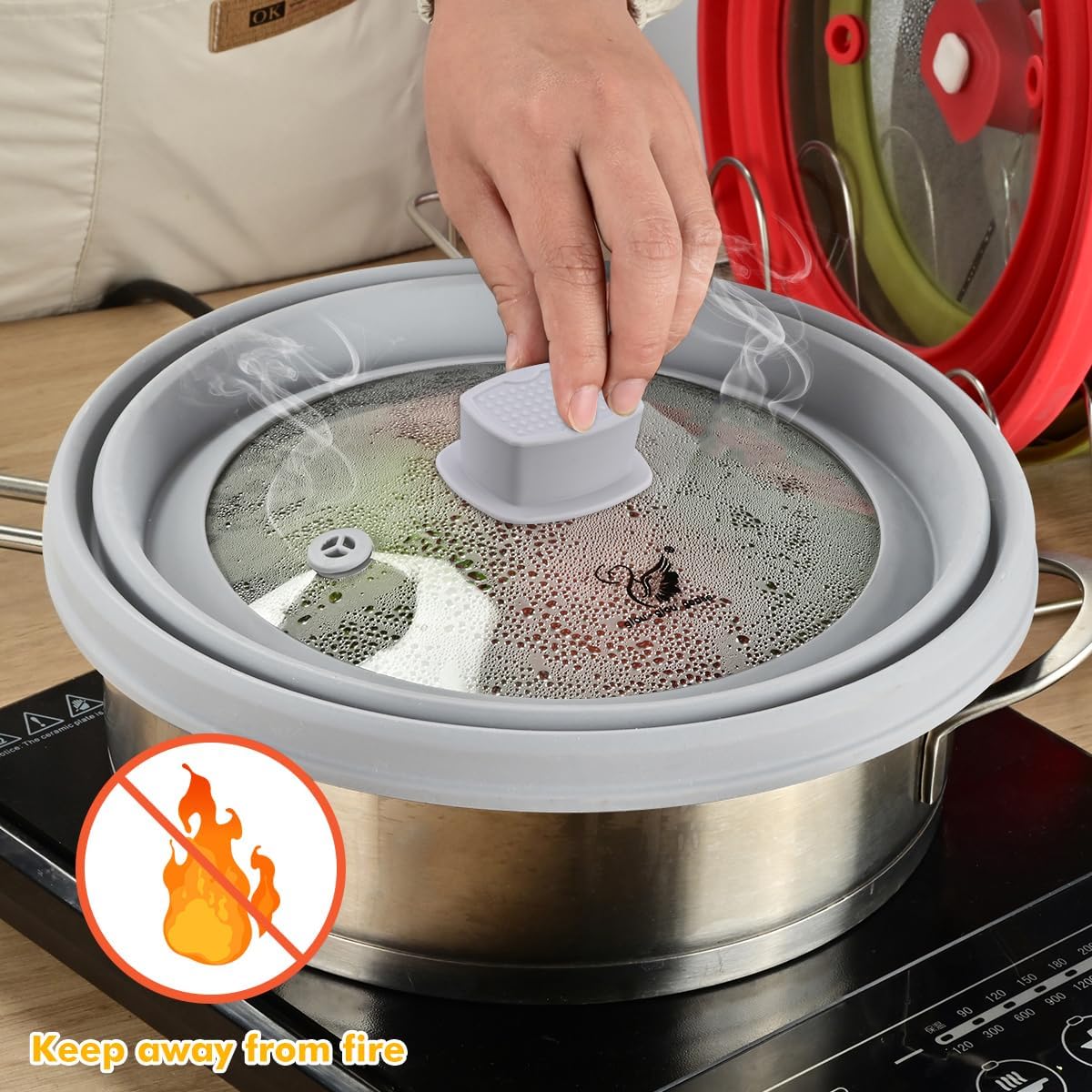 Microwave Splatter Cover Glass Cover Guard Lid with Collapsible Silicone for Food Pot Plate Cover 9.8 inch Light Grey