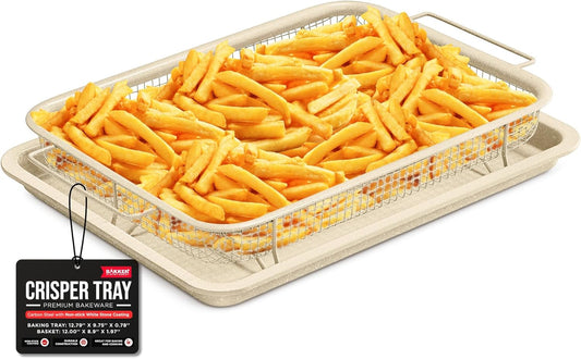 Bakken-Swiss Crisper Tray - 2-Piece Set – White Marble, Non-Stick Basket Design for Healthier Cooking in Regular Ovens - Achieve Perfectly Crispy Chips, Bacon and More