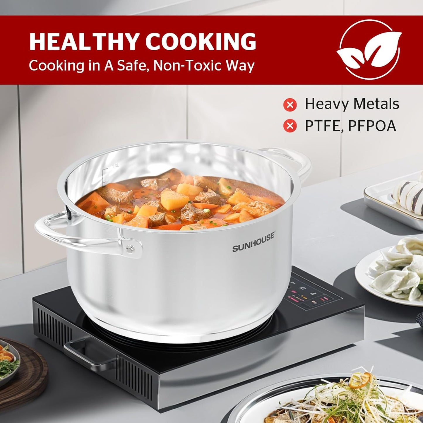 SUNHOUSE 15.5 Quart Stainless Steel Stockpot – Heavy-Duty Induction Pot with Lid and Riveted Handles – Ideal for Soup, Seafood, Stock, Canning, and Catering for Large Groups and Events