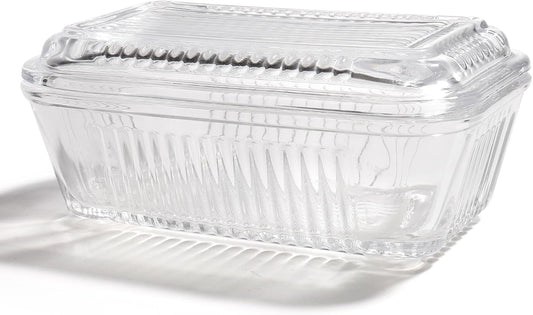 Wide Glass Butter Dish with Two Stick Butter for Countertop,Crystal Butter Container with Cover for Counter,Butter Tray Holder for Refrigerator,Large Glass Butter Keeper