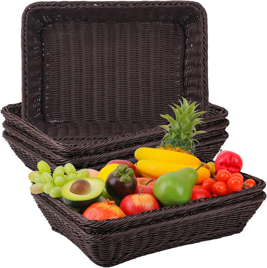 6 Pack 16 Inch Deep Coffee Wicker Bread Basket, Handmade Woven Organizer, Rectangular Fruit Baskets, Snack Basket Food Serving Baskets for Dining Table, Candies, Crackers, Fruit, Vegetables