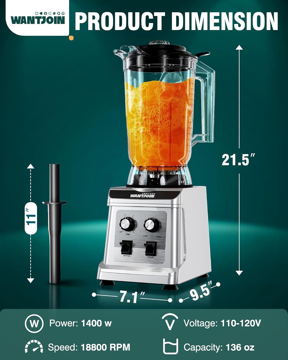 WantJoin Commercial Blender - 136 Oz Large Capacity Professional Blender Heavy Duty w/Pure Copper Motor,Dishwasher safe, 8-Blade Combo, 18800 RPM, Multi Speeds, Smoothie Blenders for Juice